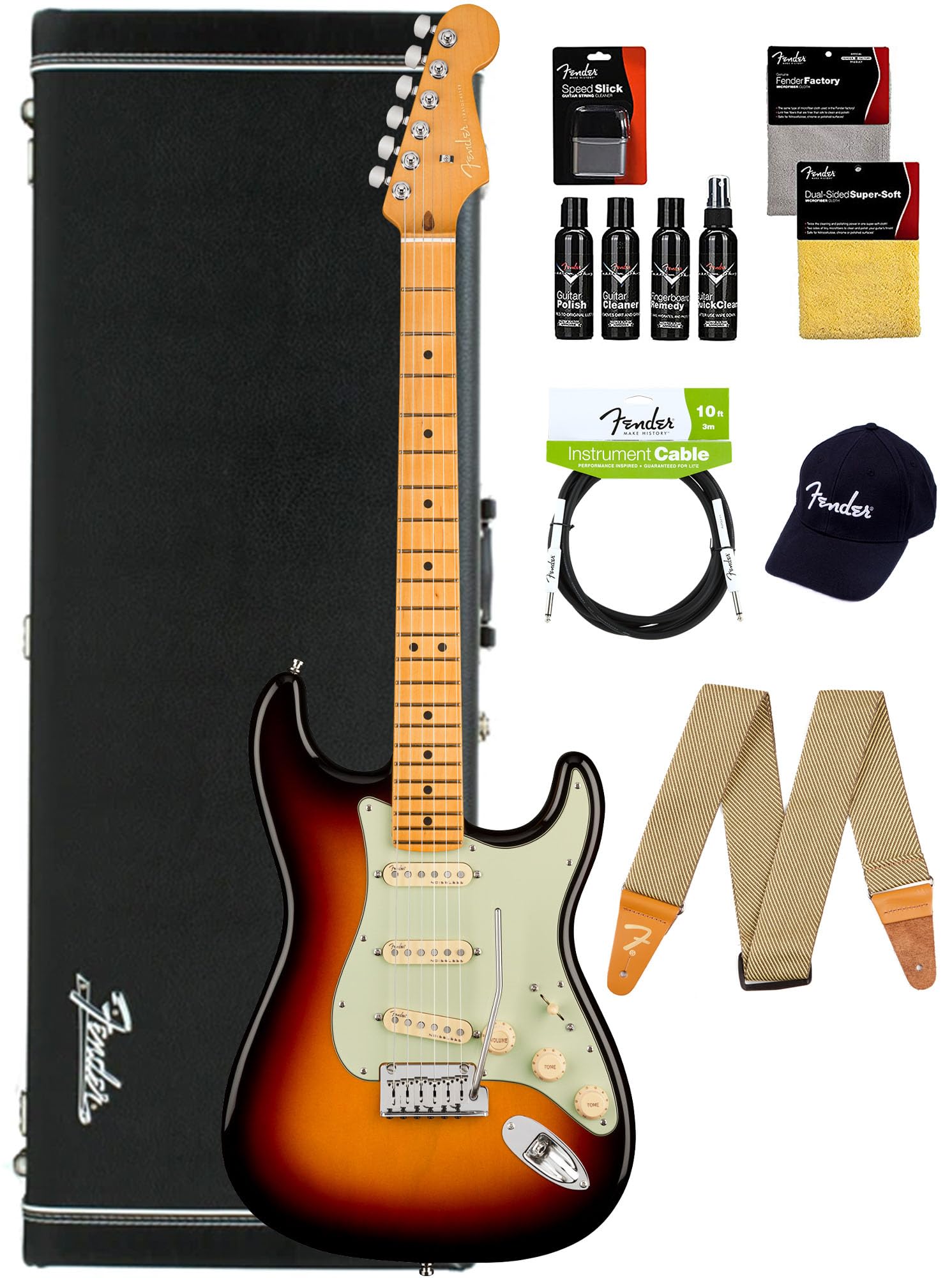 Fender American Ultra Stratocaster, Maple - Ultraburst Bundle With Case, Hat, Strap, Cable, And Guitar Cleaning Kit