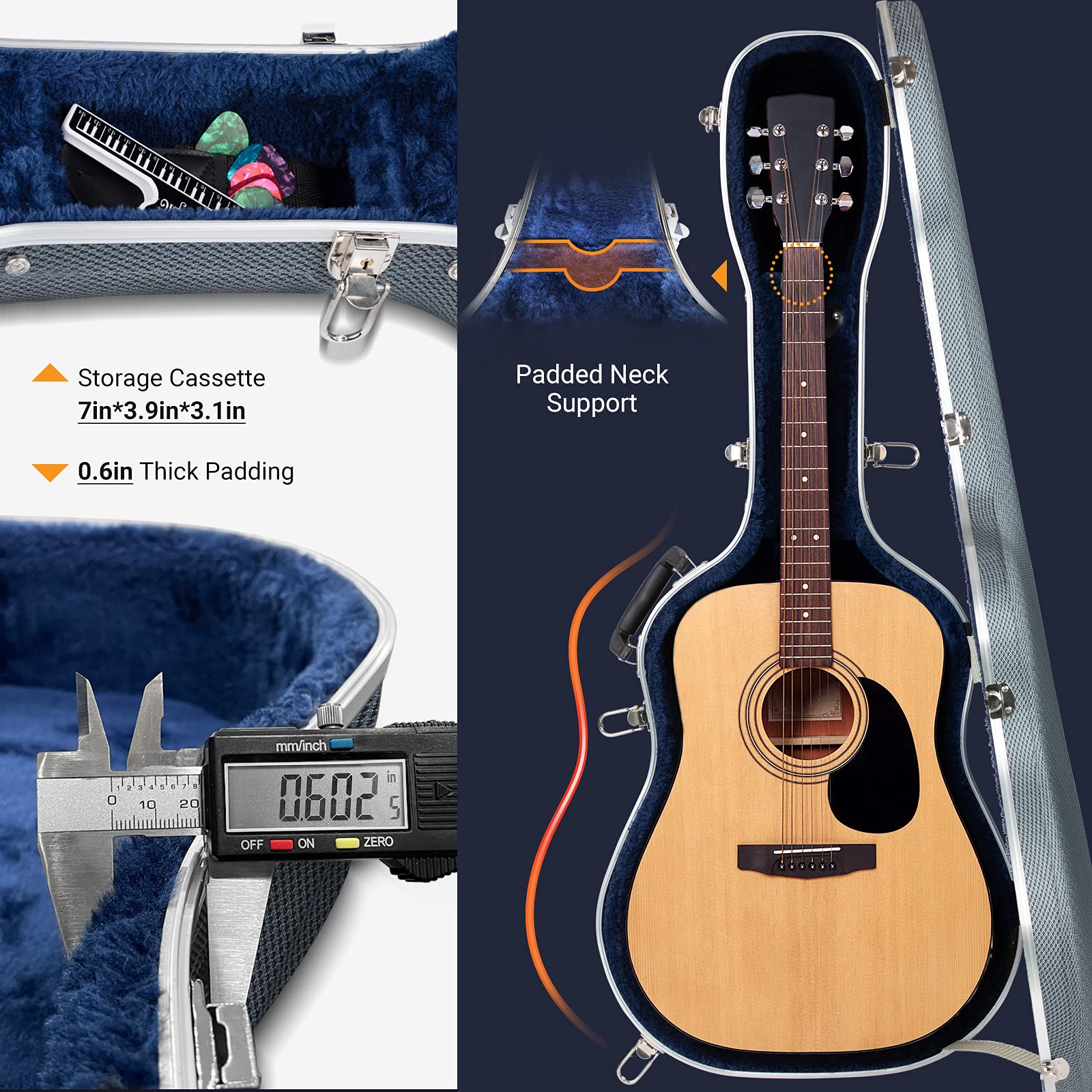 CAHAYA Acoustic Guitar Case ABS Waterproof Hard Case 41 Inch Gig Bag 0.6 Inch Thick Padding for Acoustic Classical Guitars, Navy