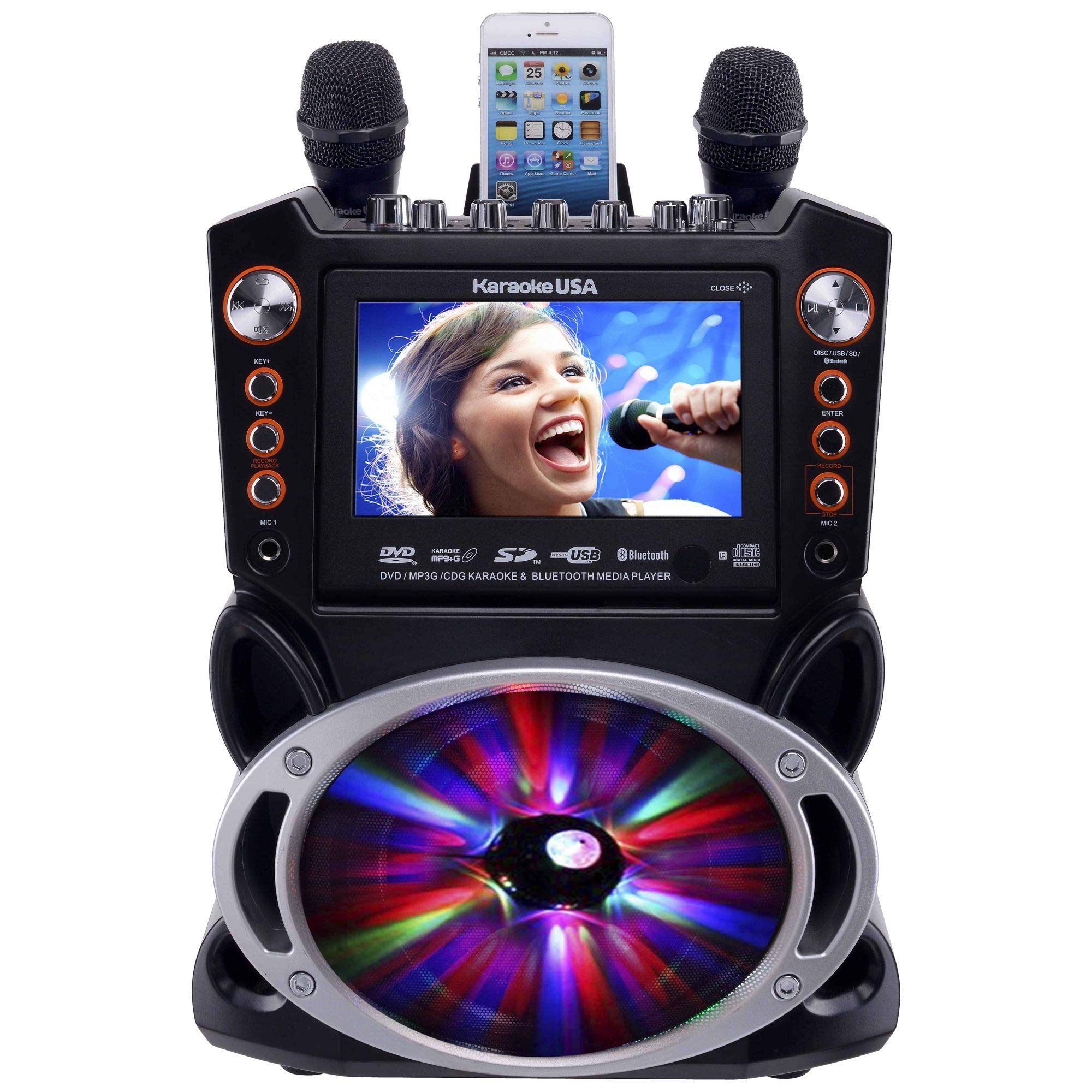 Karaoke Usa Gf845 Complete Karaoke System With 2 Microphones, Remote Control, 7    Color Display, Led Lights - Works With Dvd, B