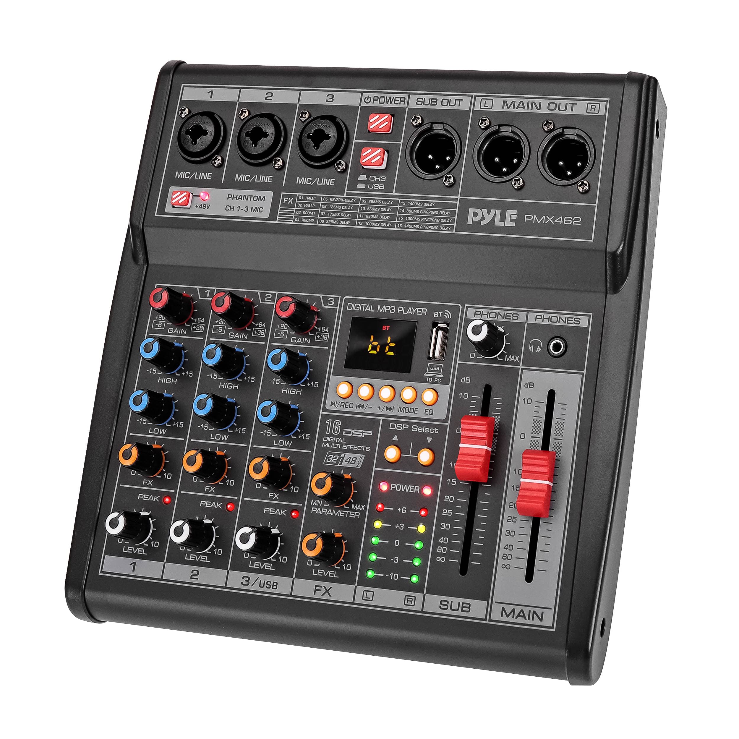 Pyle Professional DJ Audio Mixer - 3-Channel Controller with 16 Preset DSP Effects - USB Interface - 3 Mic/Line Inputs - +48V Ph