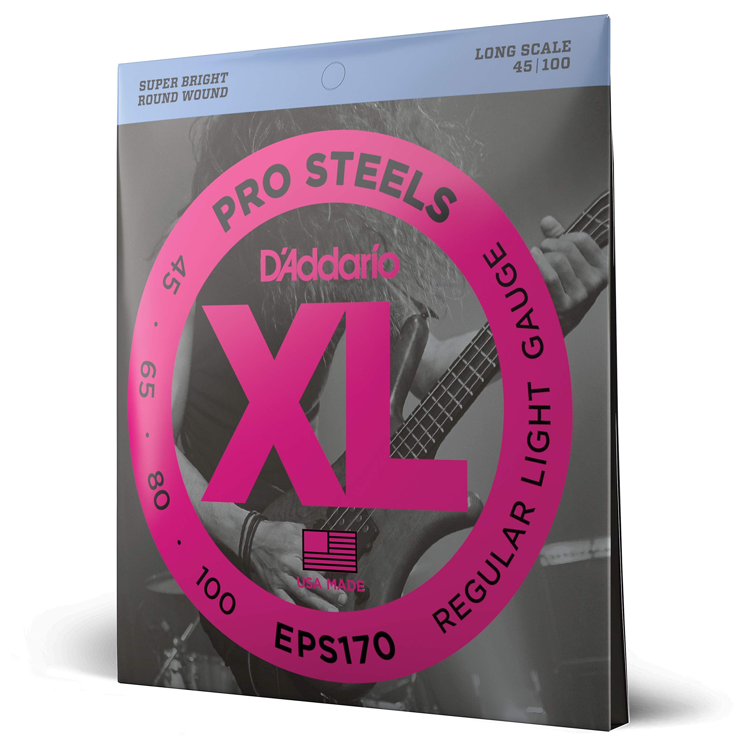 D'Addario Bass Guitar Strings, Xl Pro Steels, Eps170, Long Scale, Regular Light Gauge 45-100, 4-String Set, Pack Of 1