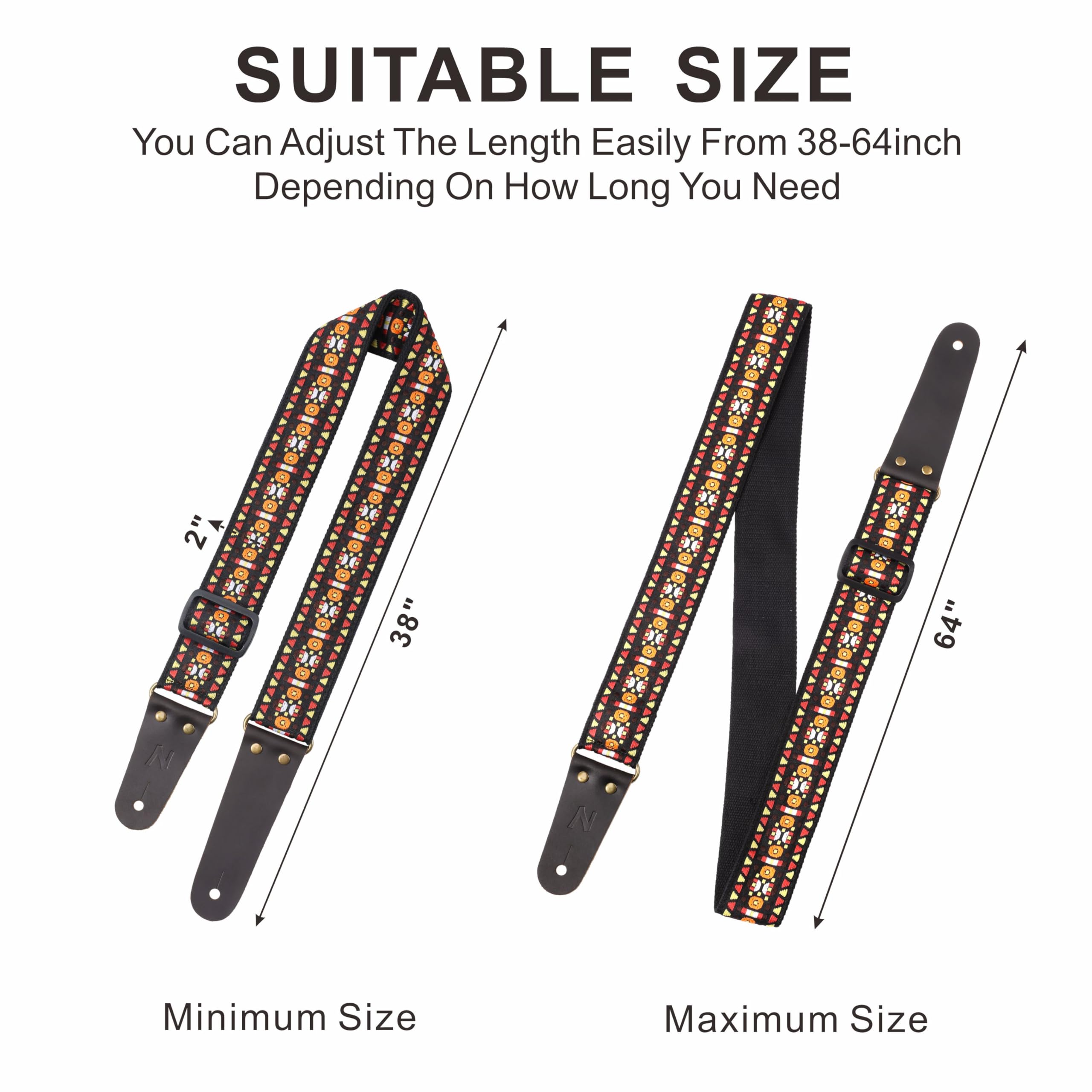 Nefelibata Guitar Strap, Embroidered Cotton Guitar Straps with Head Cowhide Leather Ends for Bass, Electric & Acoustic Guitars,