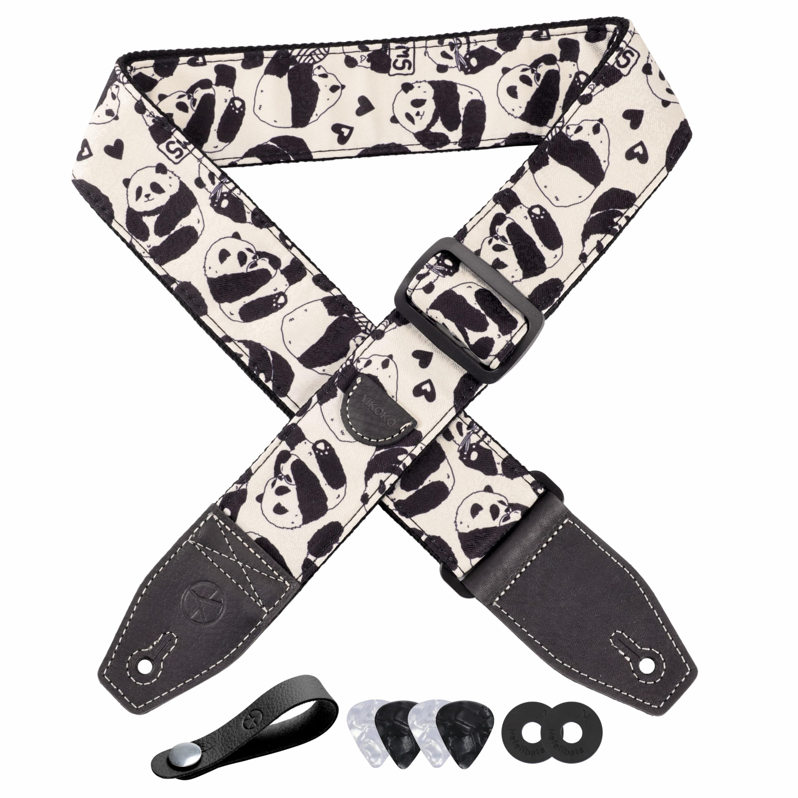 YIKOKO Guitar Strap 2, Cotton Print Panda Guitar Straps with Full Grain Leather End, for Bass, Electric and Acoustic Guitars, Fr