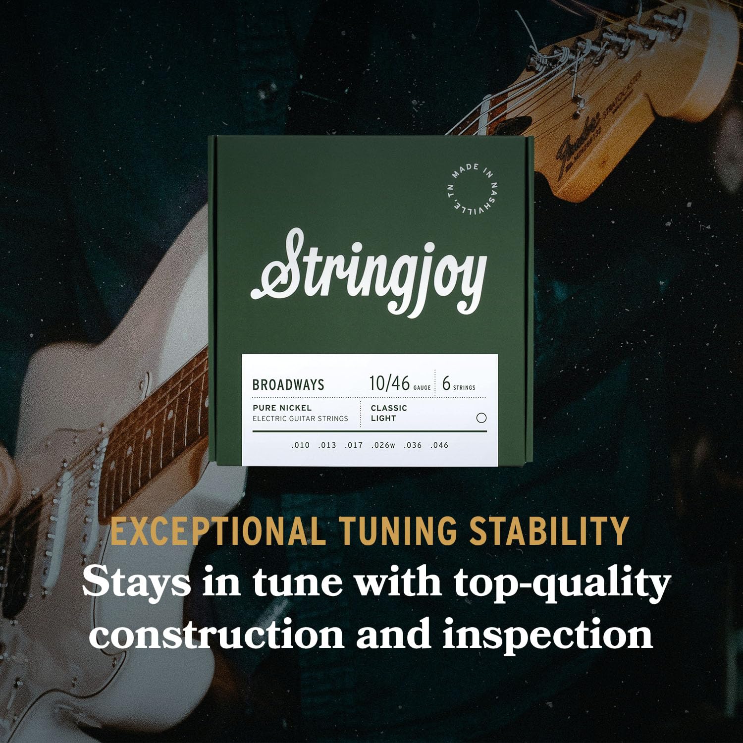 Stringjoy BR1046 Broadways Electric Pure Nickel Guitar Strings, 10-46 Classic Light Gauge, Durable, Guitar Strings for Enhanced
