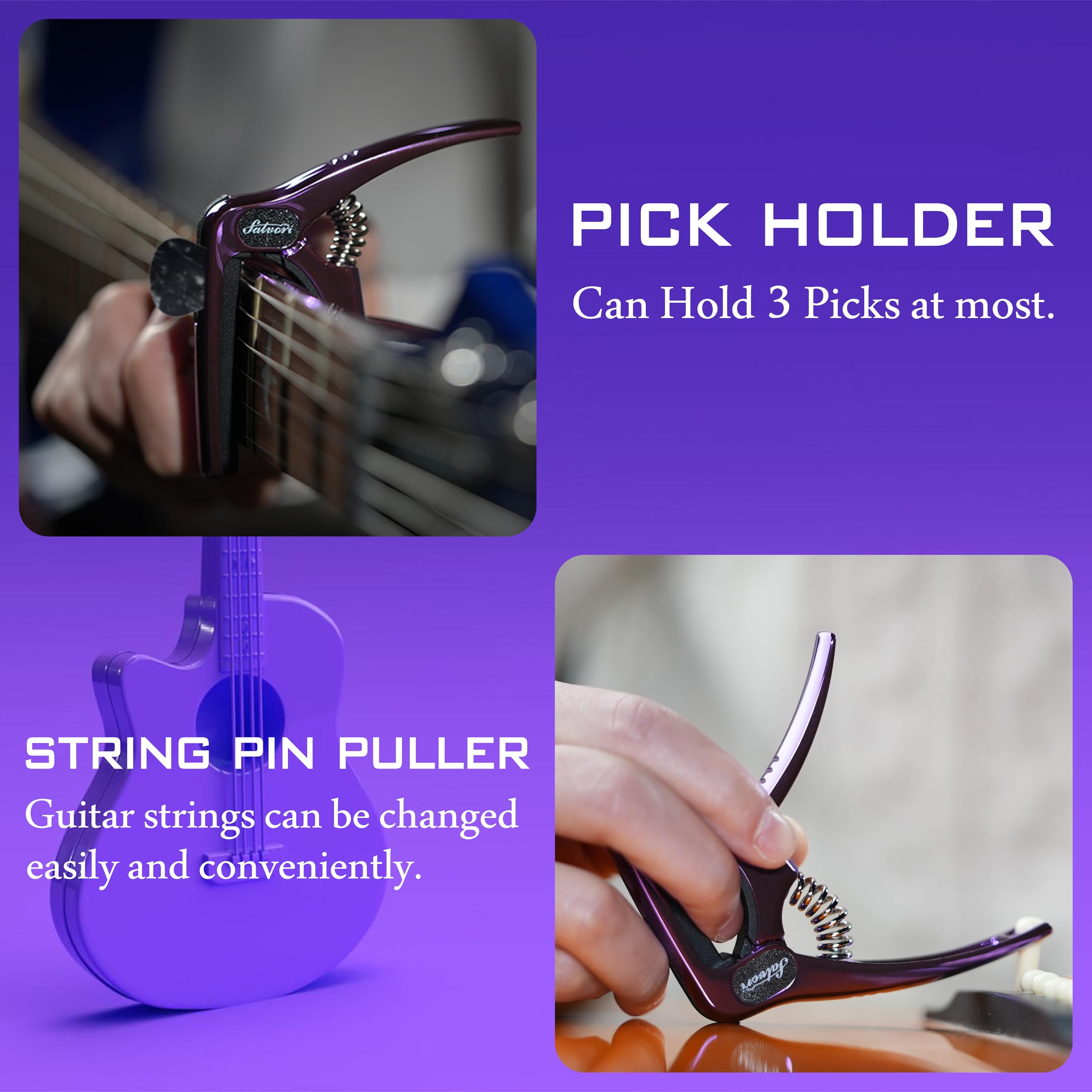 Salvori Exclusive Gradient Royal Silk Purple Heavy-Duty Guitar Capo for Acoustic/Electric Guitar with 4 Picks, Guitar Clip/Guita