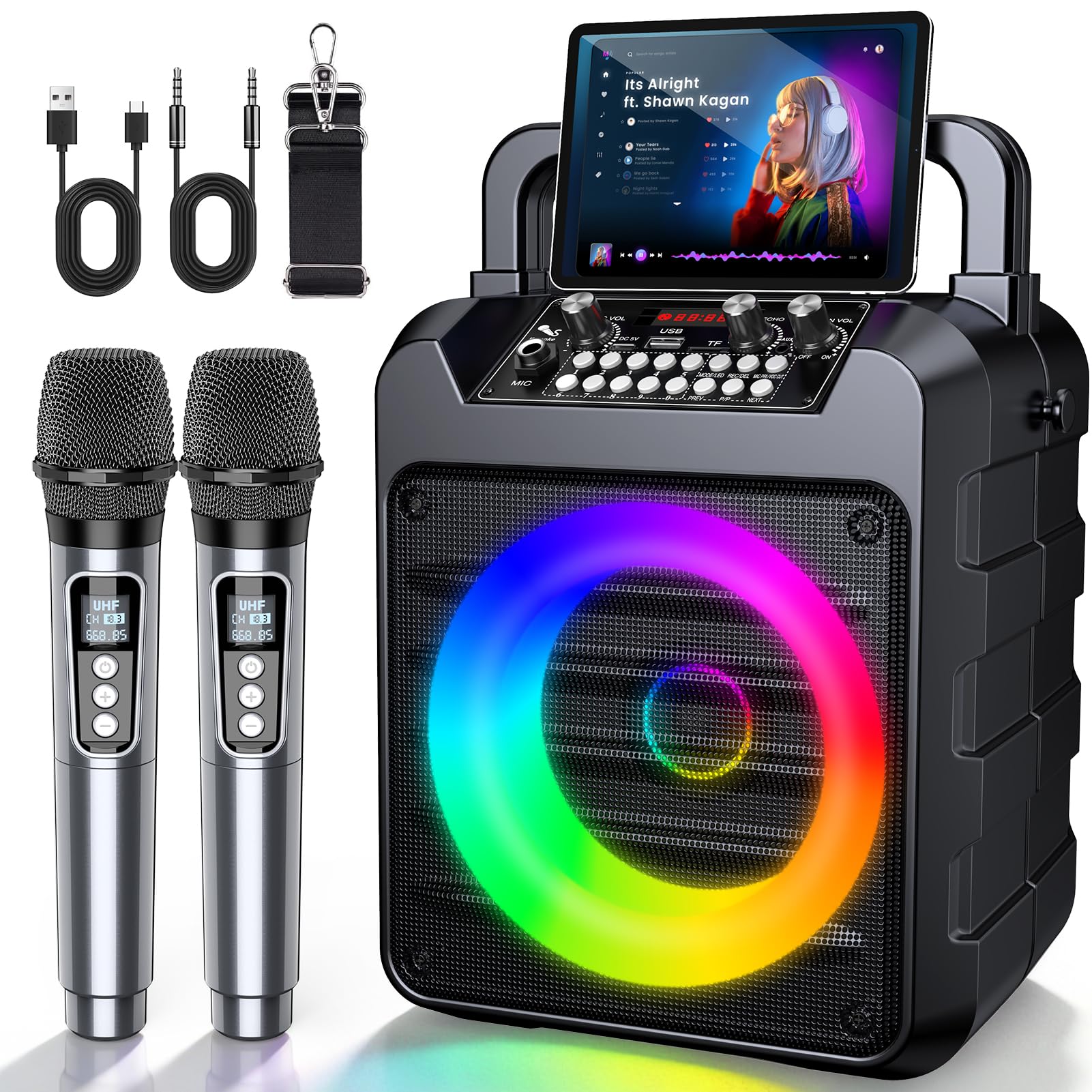 Dislocati Karaoke Machine With 2 Wireless Microphones: Portable Bluetooth Speaker For Adults & Kids - Pa System With Lights Supp