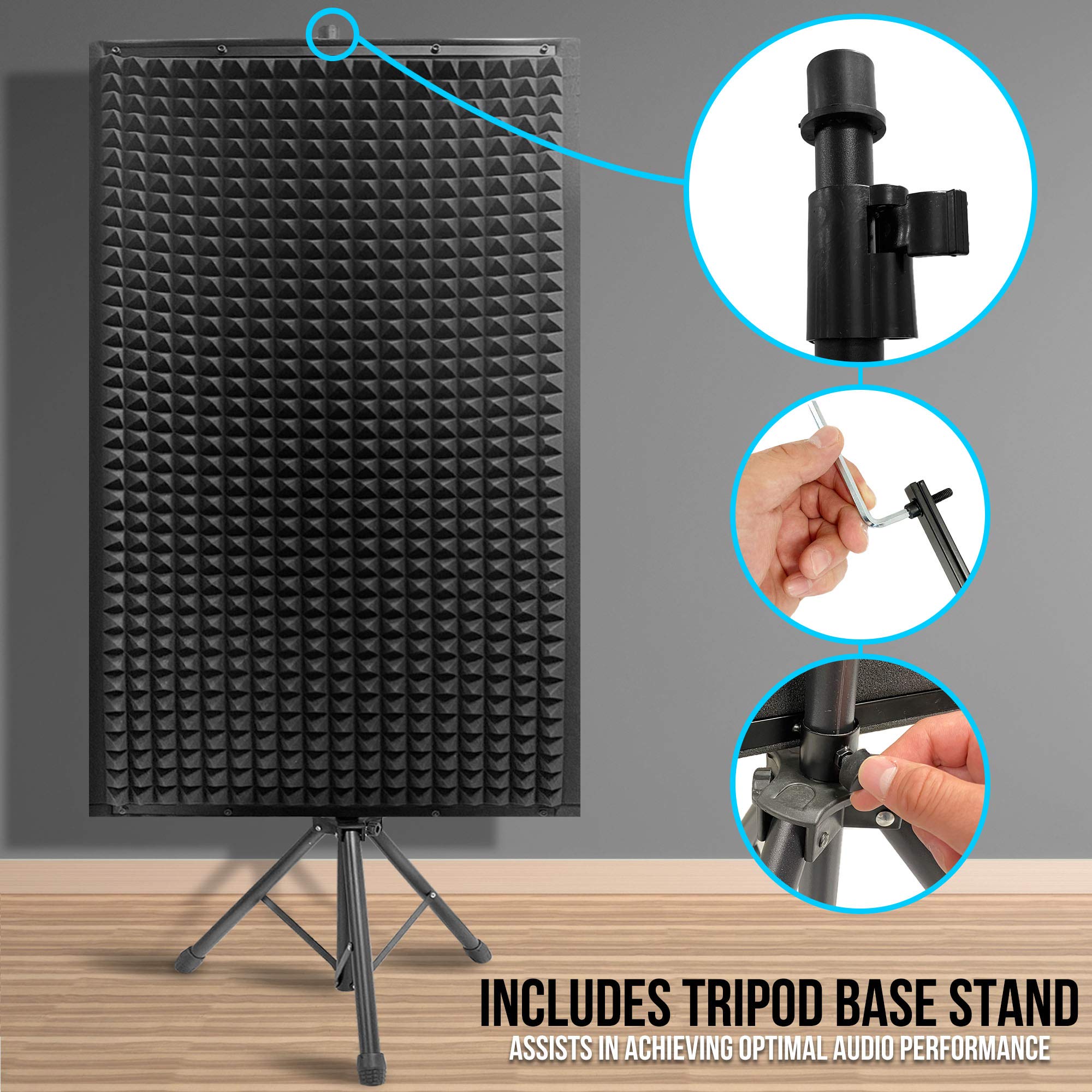 Pyle PSiP24 Acoustic Isolation Absorber Shield Sound Wall Panel Studio Foam and Dampening Wedge with Height Adjustable Stand,Cha