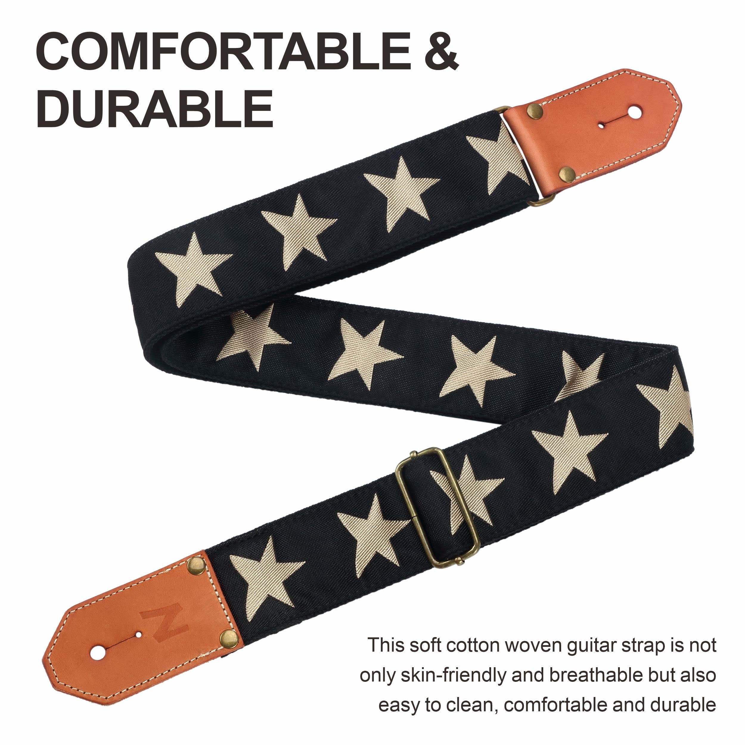 Nefelibata Cool Woven Guitar Strap -Cotton Guitar Straps with Thicked First Layer Vegetable Tanned Cowhide Leather Ends for Acou