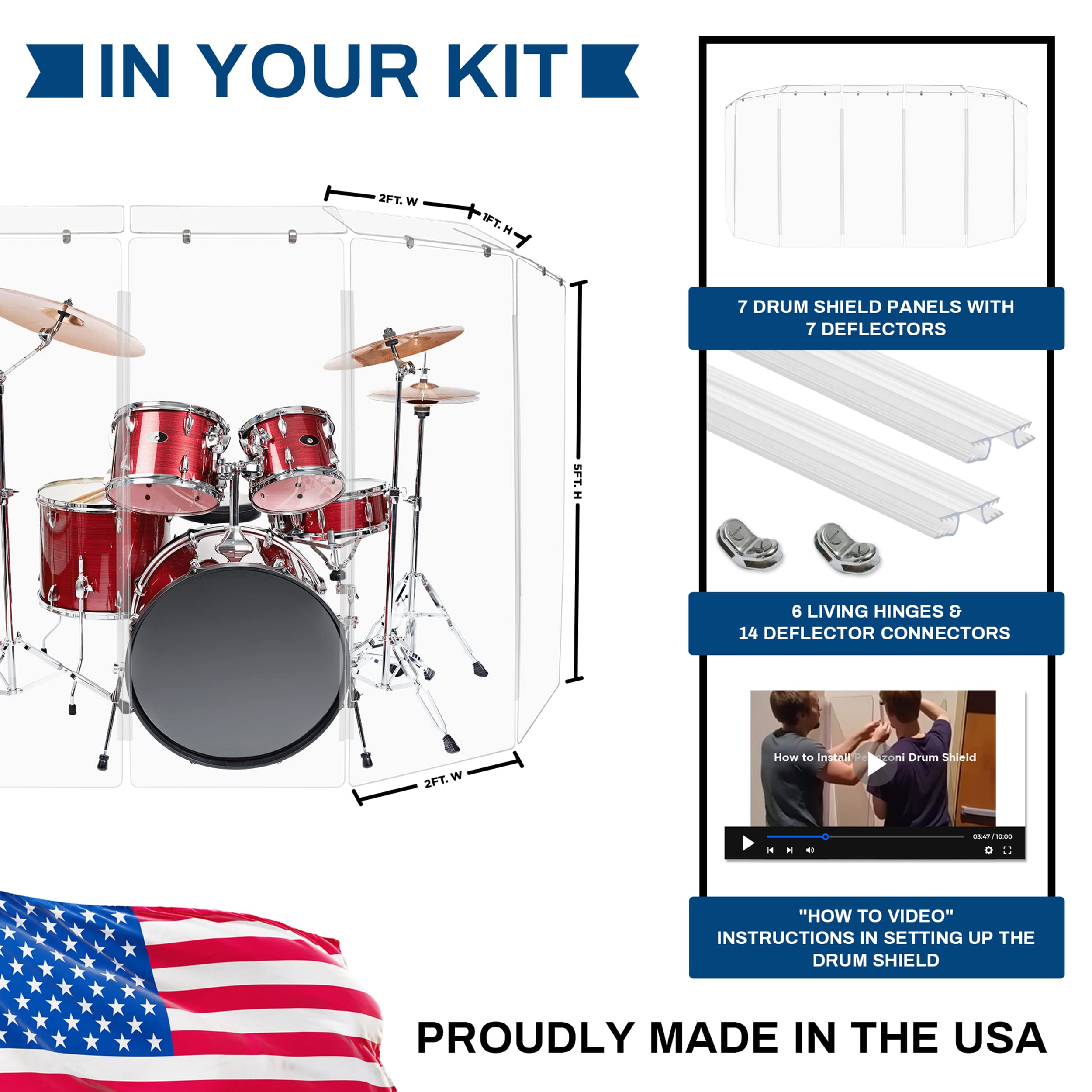 PENNZONI Drum Shield 5ft w/Deflectors & Plastic Hinges, Comes w/ 7 Drum Panels, Plastic Hinges & Deflector Connectors, Premium C