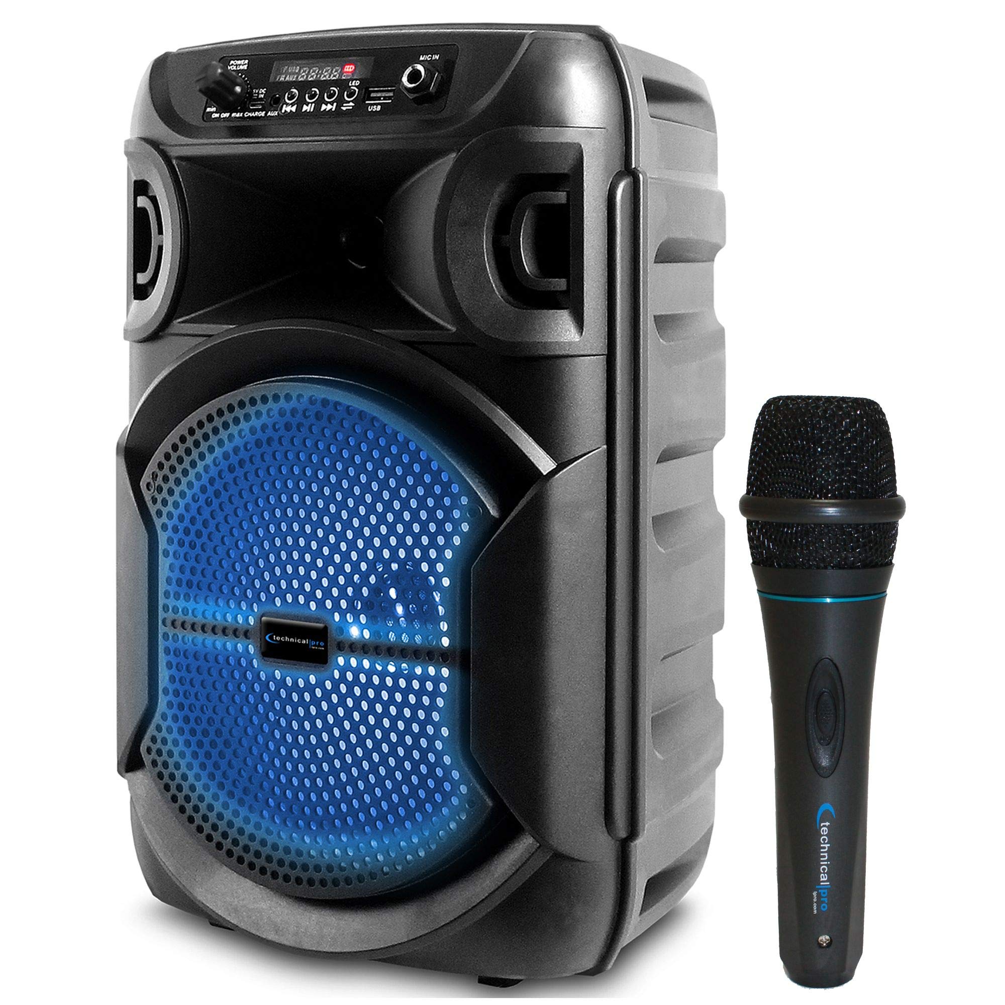 Technical Pro 8 Inch Portable 800 W Bluetooth Speaker w/Woofer & Tweeter and Portable Microphone w/Digital Processing Wired Mic 