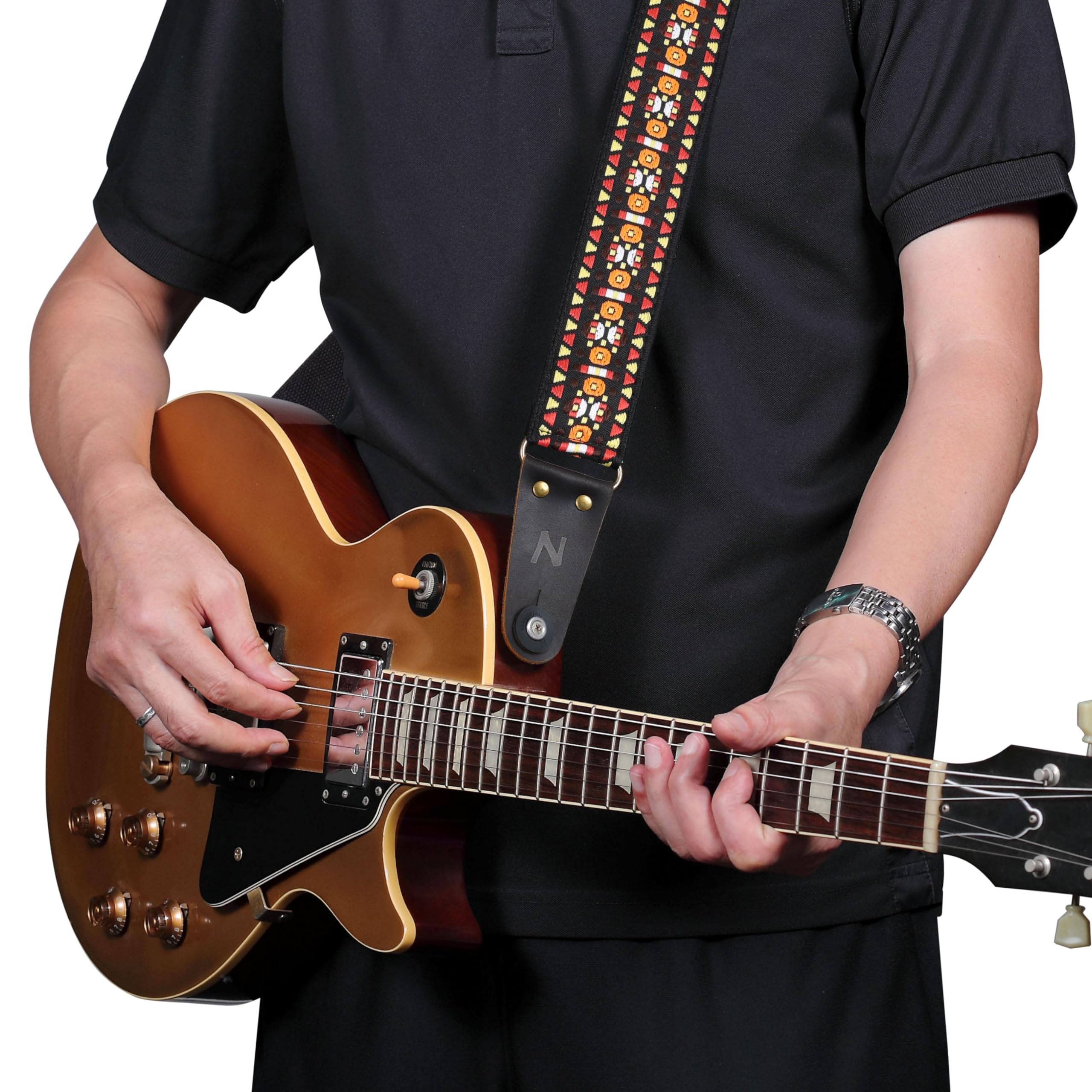 Nefelibata Guitar Strap, Embroidered Cotton Guitar Straps with Head Cowhide Leather Ends for Bass, Electric & Acoustic Guitars,