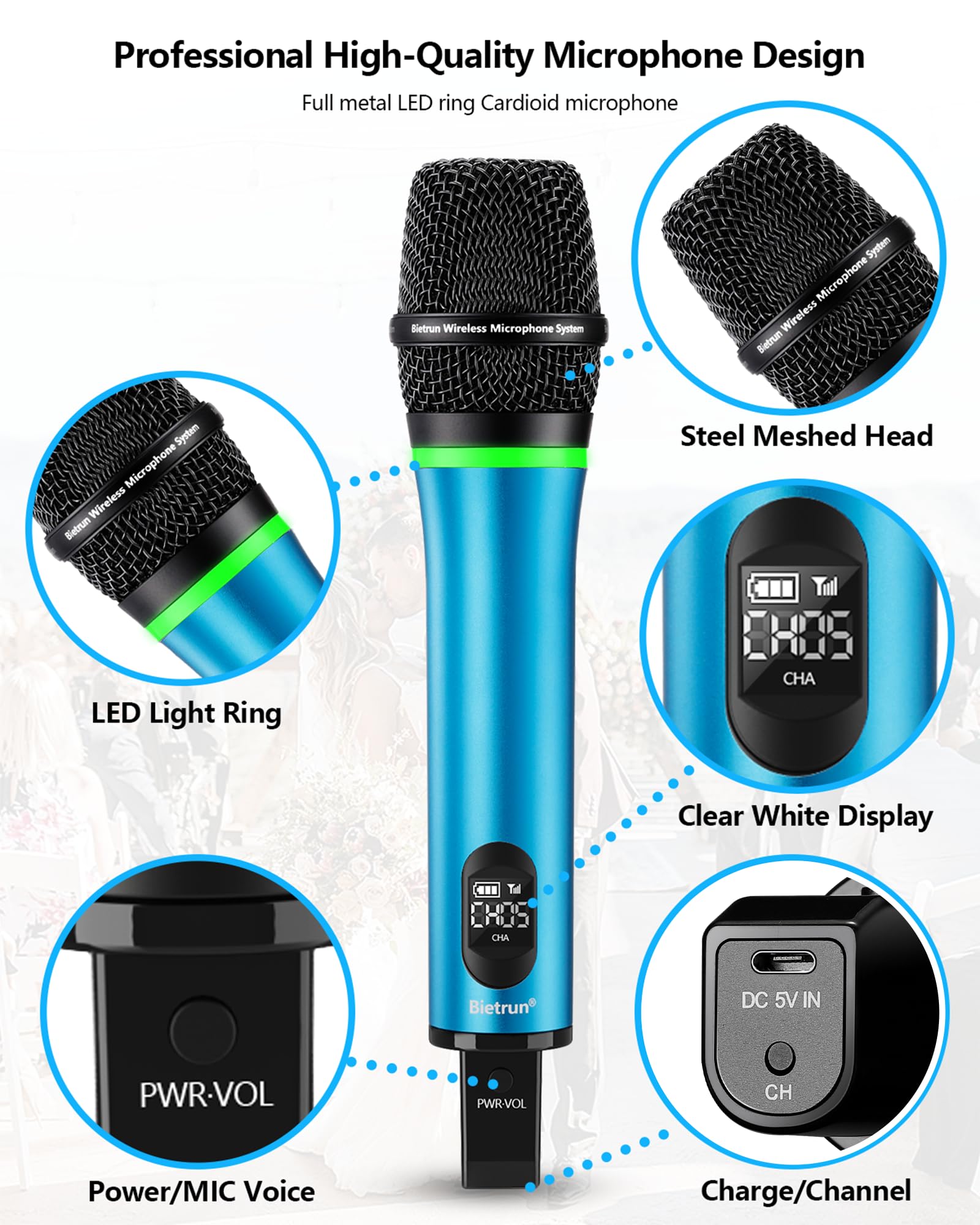 Bietrun Rechargeable Wireless Microphone, Dual Metal Cordless Handheld Dynamic Wireless Mics with Bluetooth, UHF 240FT Range, fo
