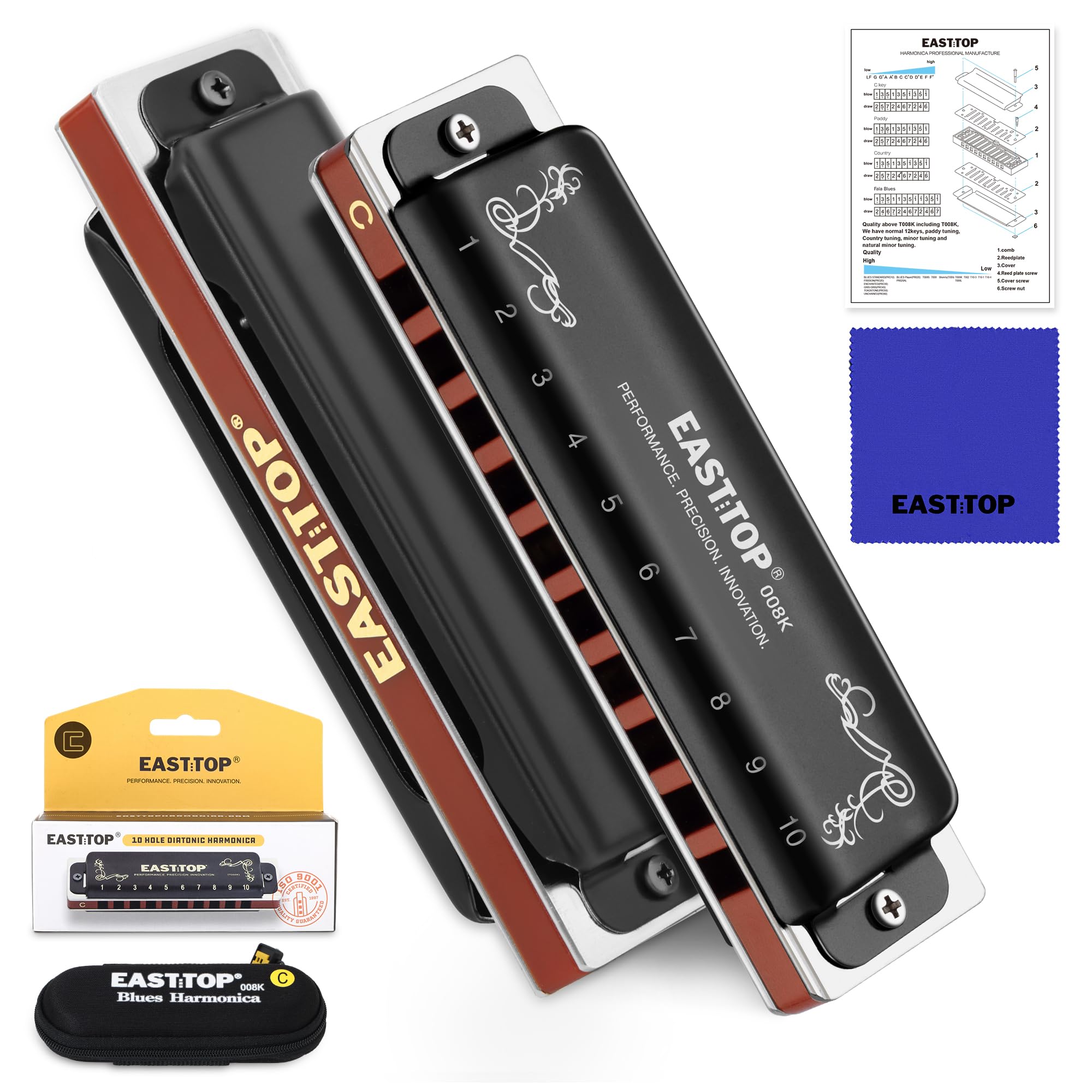 East top Harmonica C, Updated Diatonic Blues Deluxe Harmonica C Key 10 Holes 20 Tones Professional Blues Harp Diatonic Mouth Org