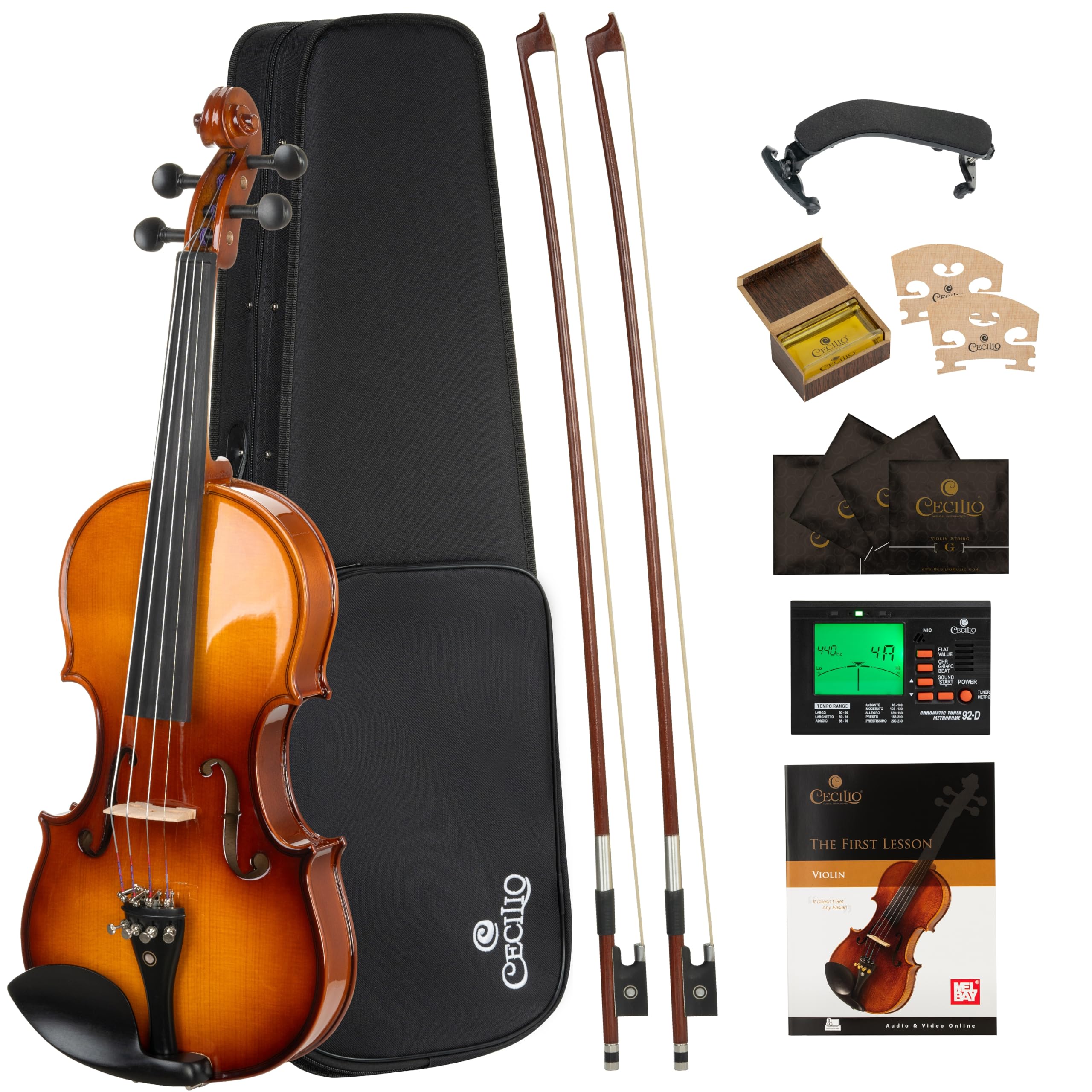 Cecilio 1/4 Violin Solidwood Violin with Extra Strings, Bow, Rosin, Tuner, Shoulder Rest & Lesson Book - Ideal for Beginners