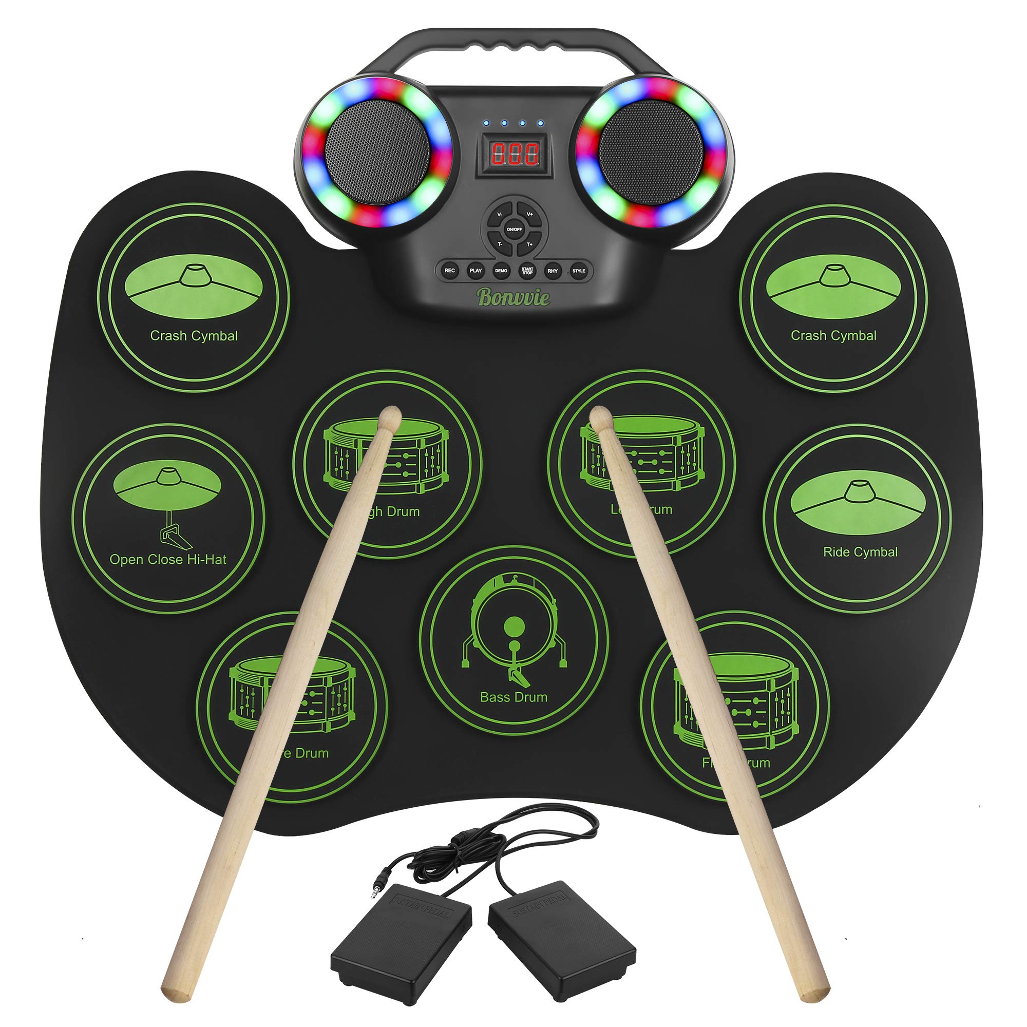Electronic Drum E-Drum Kit, Bonvvie Portable Roll Up Digital Drum with 9 Pads, MIDI, DTC, Built-in Dual Speakers, Rechargeable 2