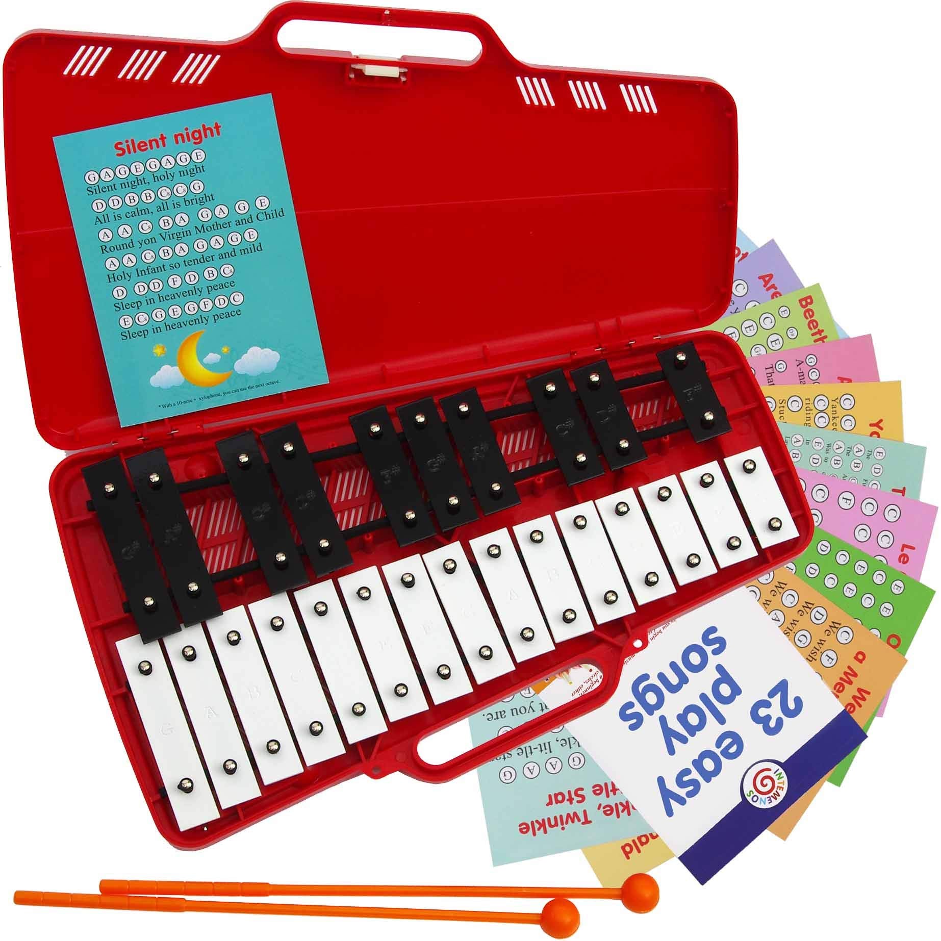 Xylophone 25 Note Chromatic Glockenspiel in a Red Plastic Case - Card Sets with 23 Letter-Coded Songs