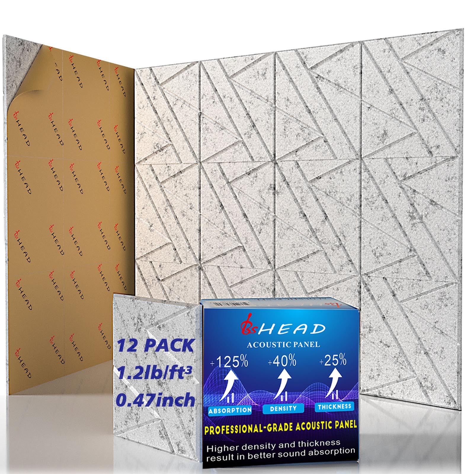 12 Pack Self-Adhesive Soundproof Wall Panels, 12 X 12 X 0.47 In Sound Proof Foam Panels For Walls, 1.2Lb/Ft High Density, Thicke