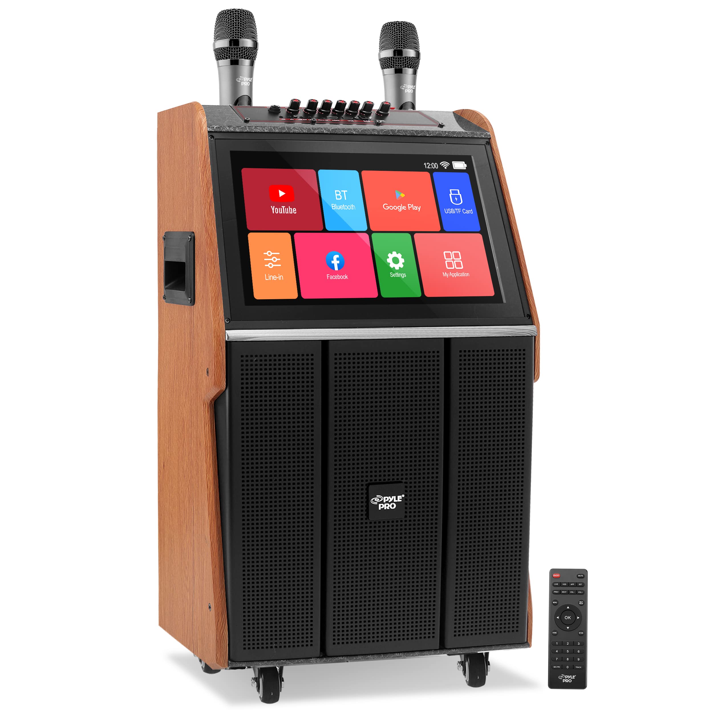 Pyle Portable Wireless BT Streaming Karaoke Machine Loudspeaker with Touch Screen and Wireless Microphone, Wheels and Handle Bar