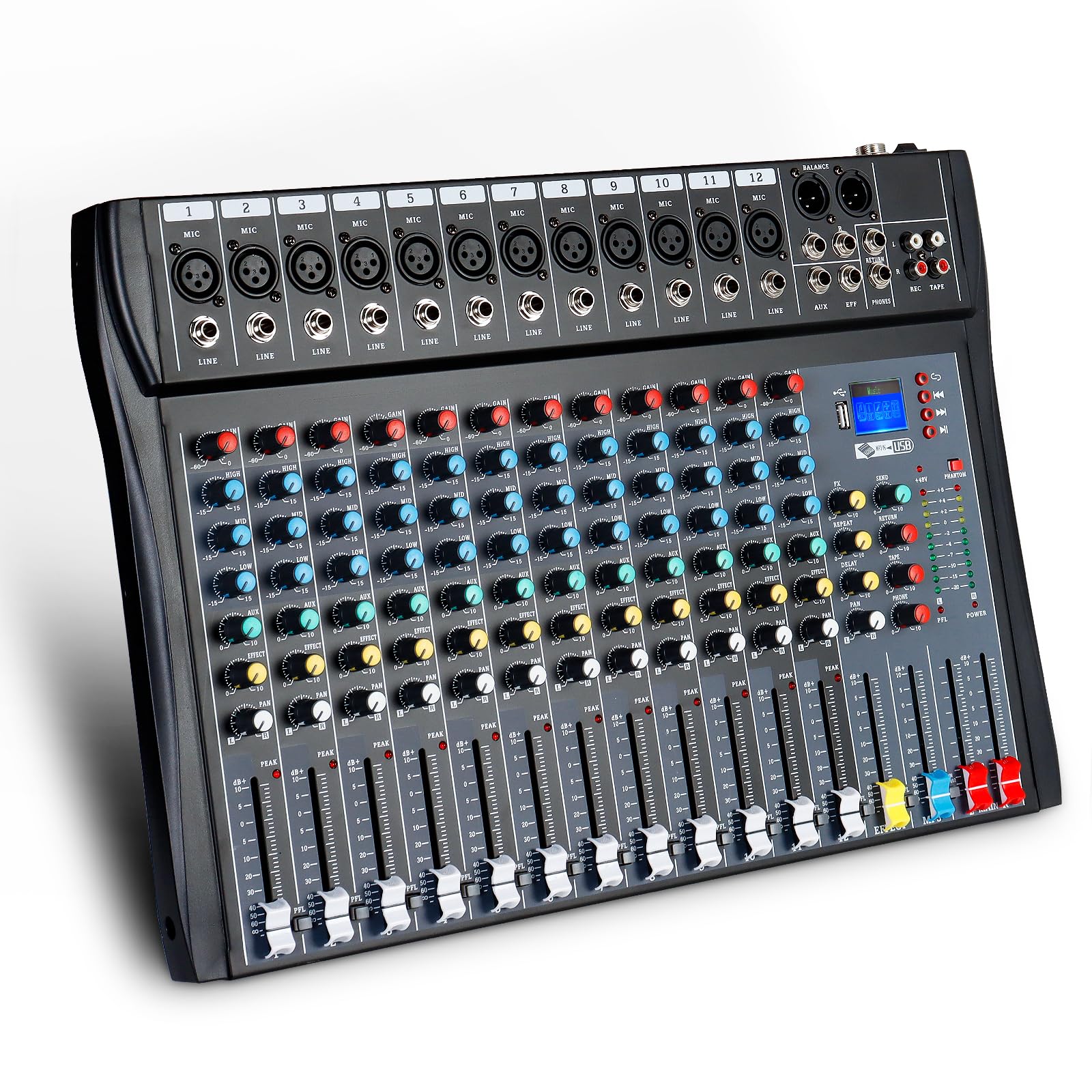 12 Channel Audio Mixer Sound Board Dj Mixer Usb Audio Interface 48V Phantom Power Reverb Delay Effect Bluetooth Usb Mp3 Karaoke 