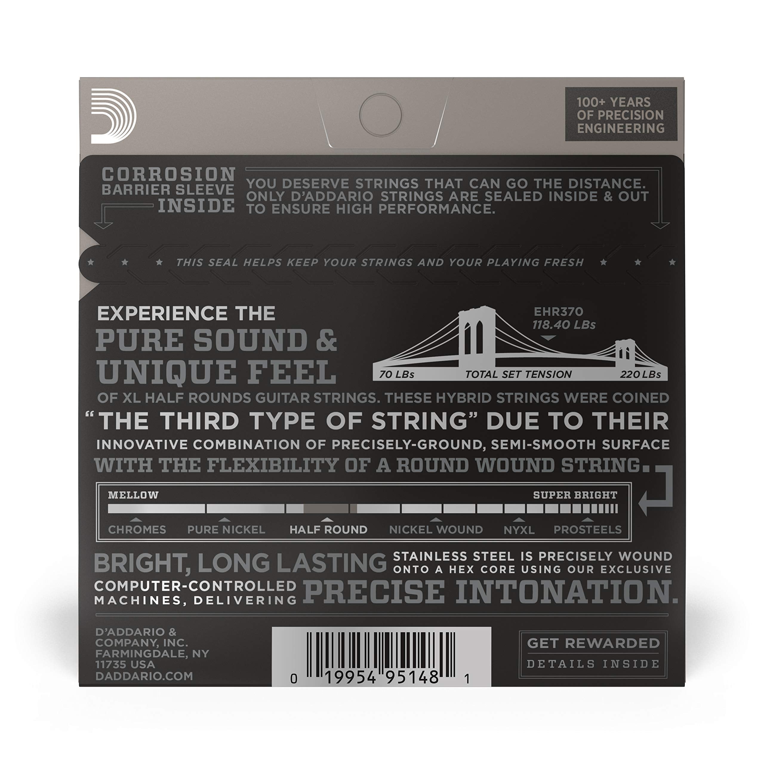 D'Addario Guitar Strings - XL Half Rounds Electric Guitar Strings - Semi-Flat Wound - Bright Tone, Smooth Feel, Reduced Finger N