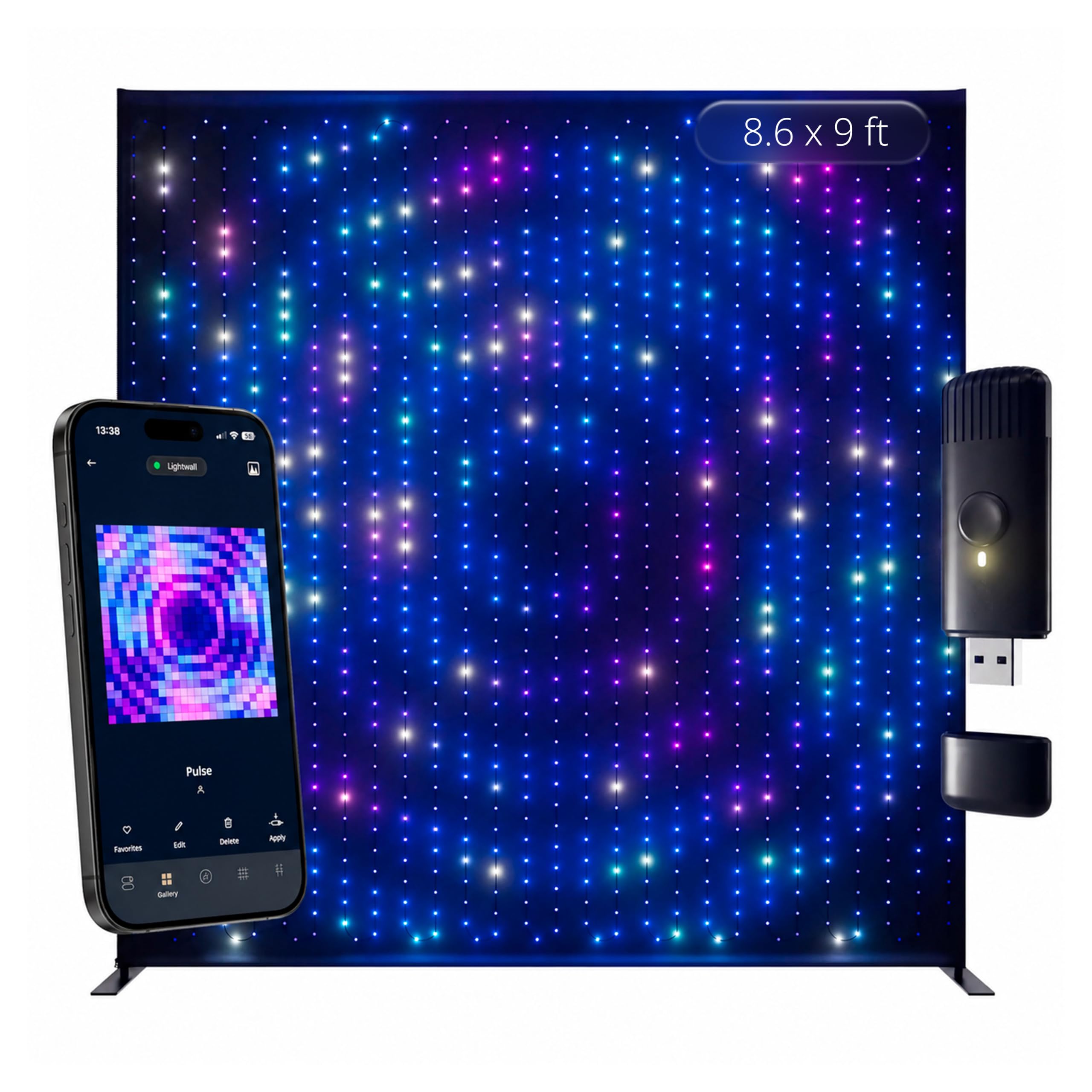 Twinkly Lightwall - 8.6 x 9 ft - Black Backdrop - with Stand and Music Dongle - Type A Plug
