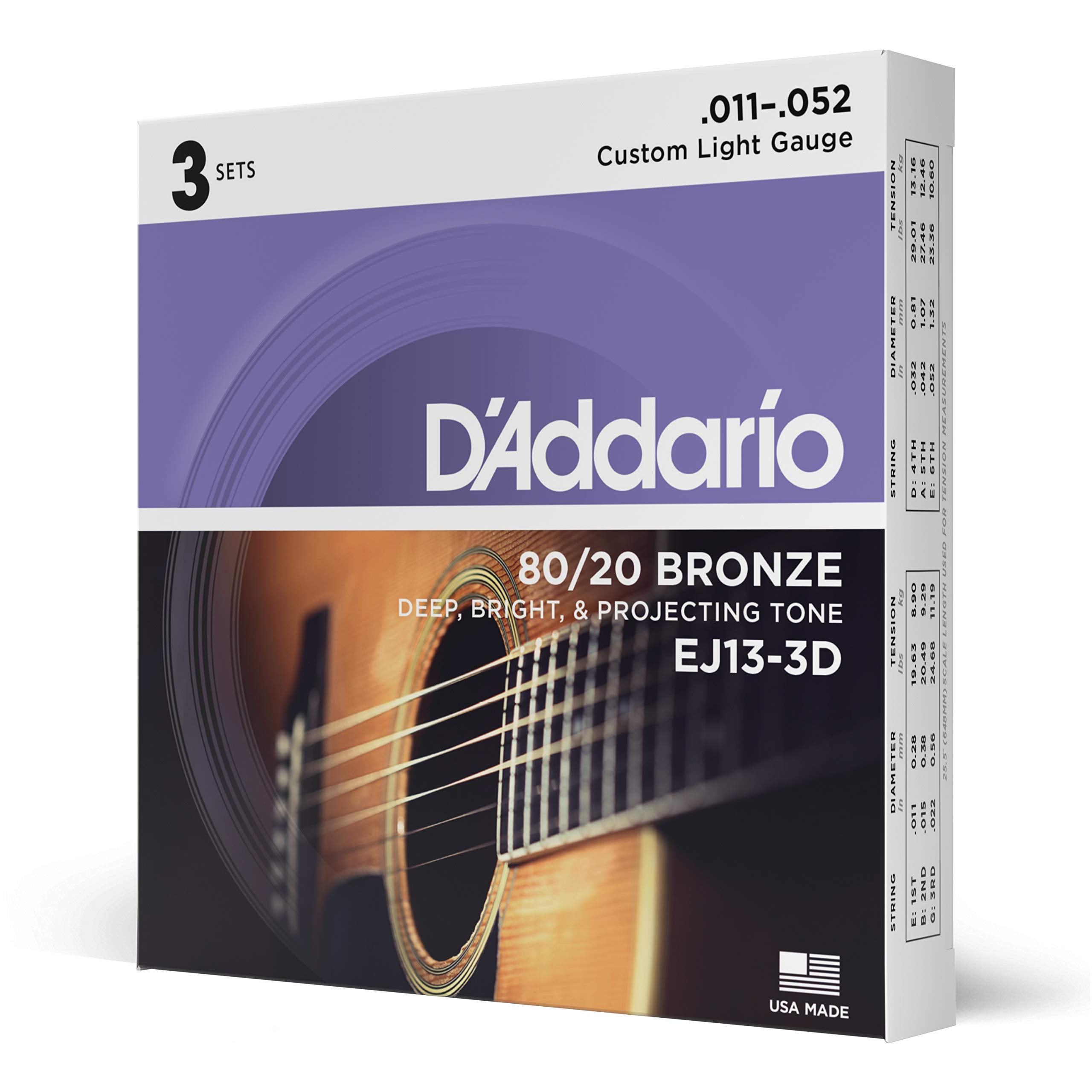 D'Addario Guitar Strings - Acoustic Guitar Strings - 80/20 Bronze - For 6 String Guitar - Deep, Bright, Projecting Tone - Ej13-3