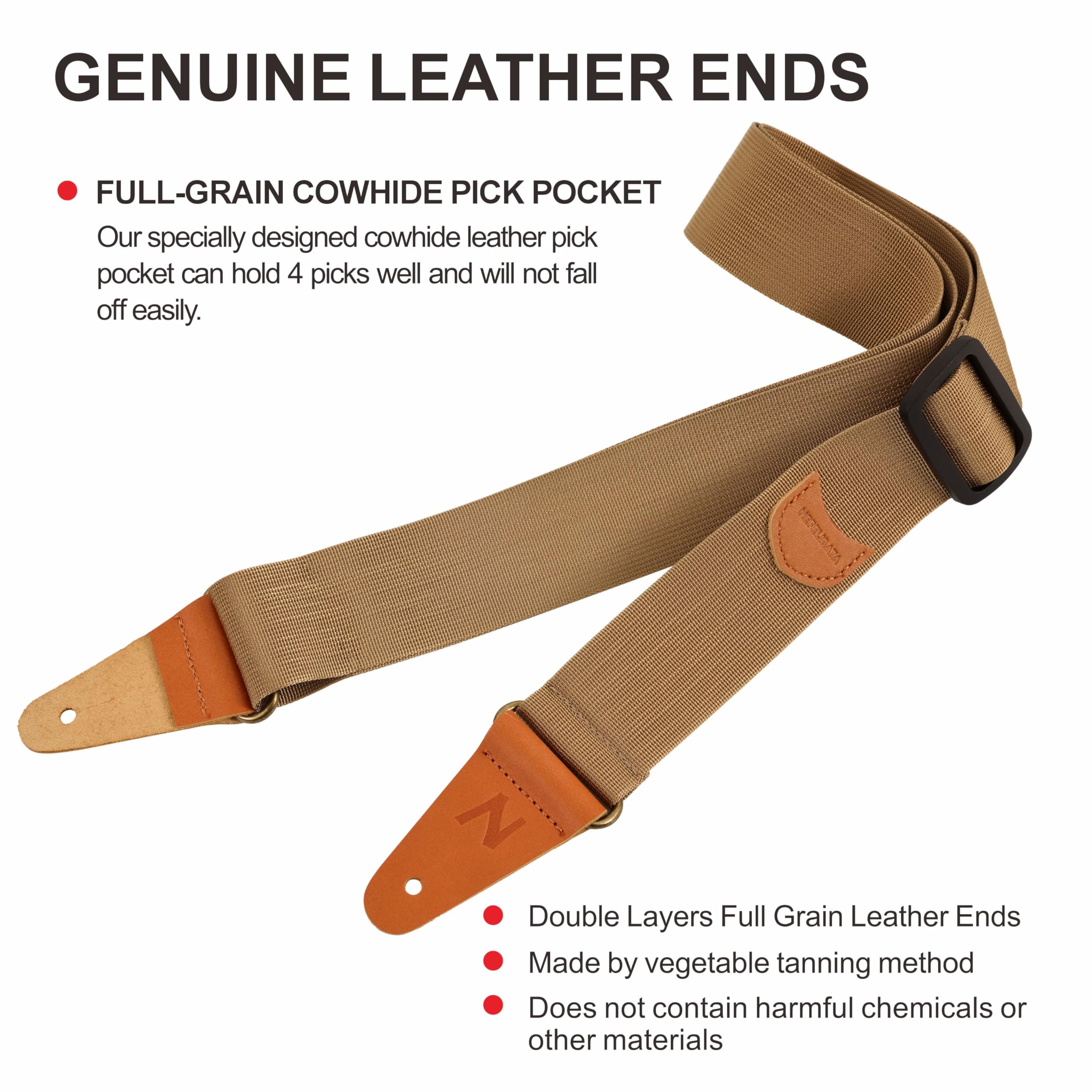 Nefelibata Guitar Strap Nylon, Full Grain Leather Ends Guitar Straps with Pick Pocket for Bass, Electric & Acoustic Guitar, with
