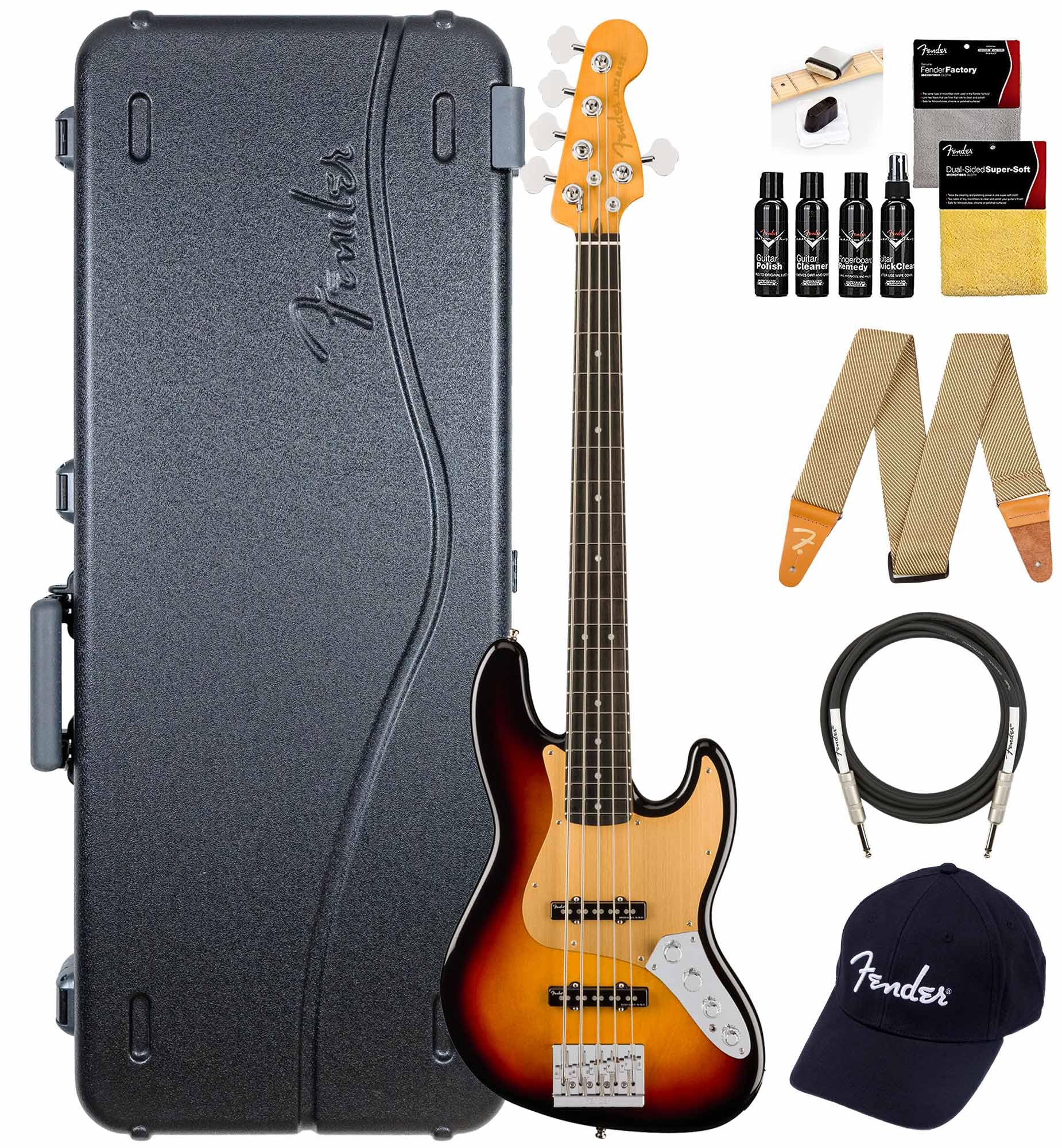 Fender American Ultra Ii Jazz Bass V - Ultraburst Bundle With Case, Strap, Cable, Hat, And Guitar Cleaning Kit