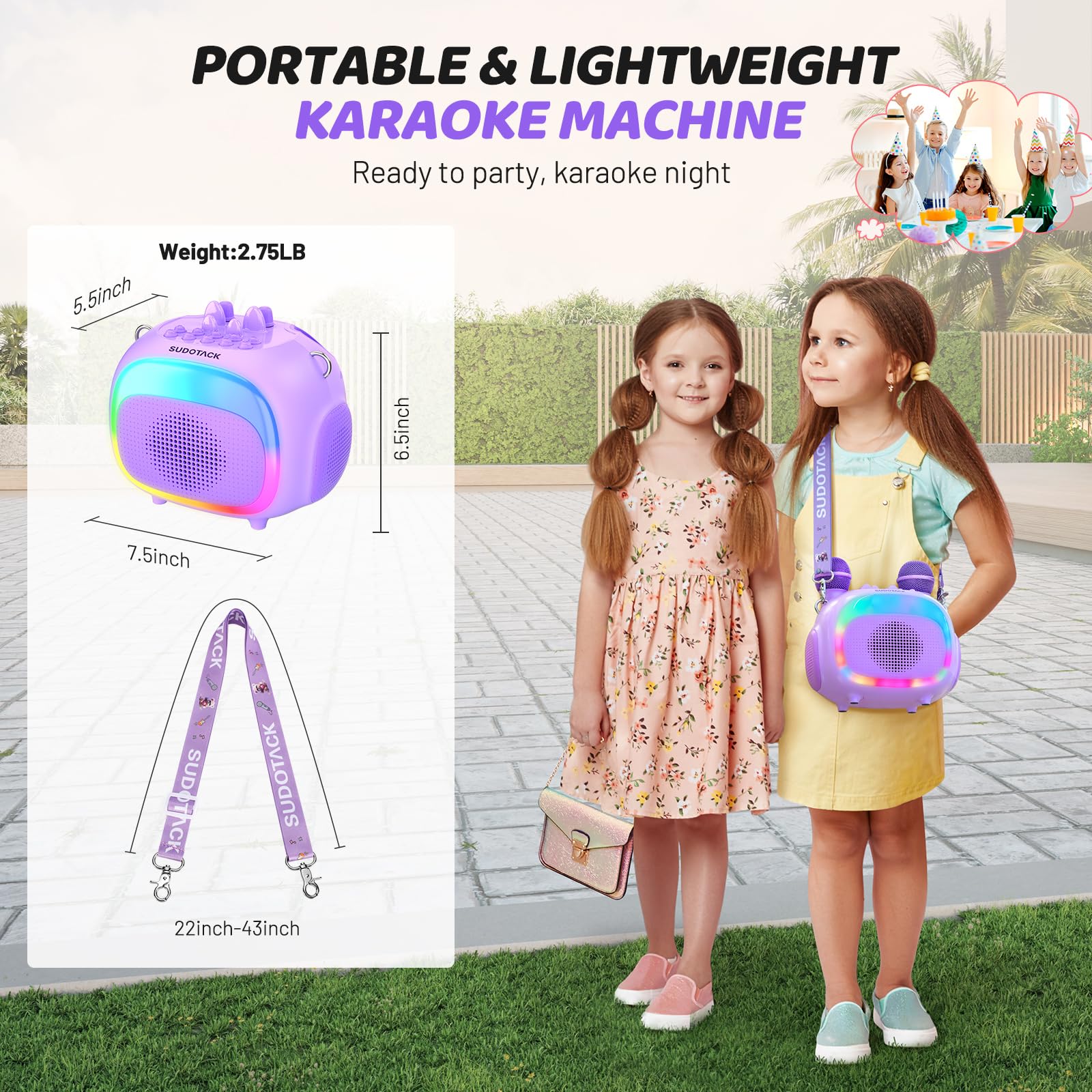 SUDOTACK Mini Karaoke Machine for Kids, Portable Bluetooth Karaoke Speaker with 2 Wilreless Microphones with LED Lights, Birthda