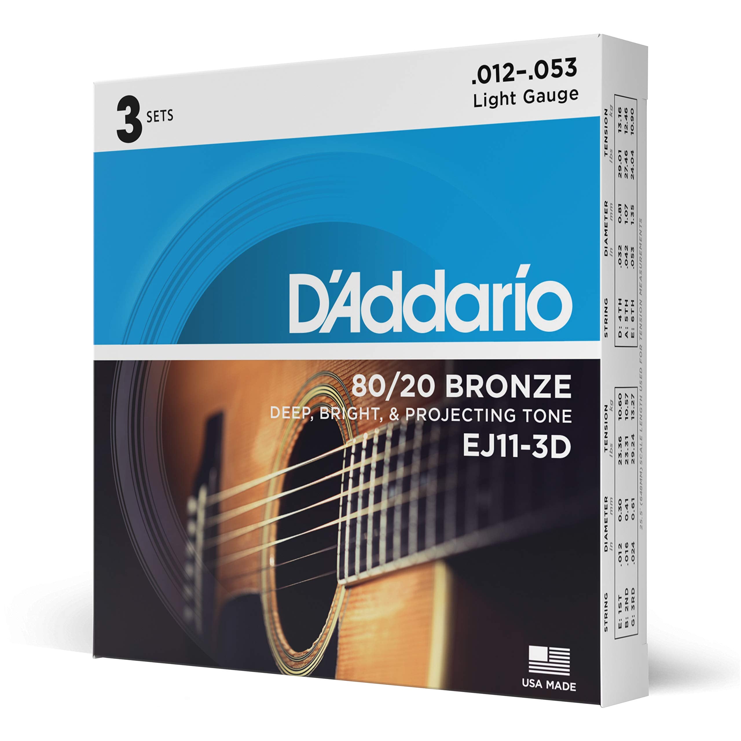 D'Addario Guitar Strings - Acoustic Guitar Strings - 80/20 Bronze - For 6 String Guitar - Deep, Bright, Projecting Tone - Ej11-3