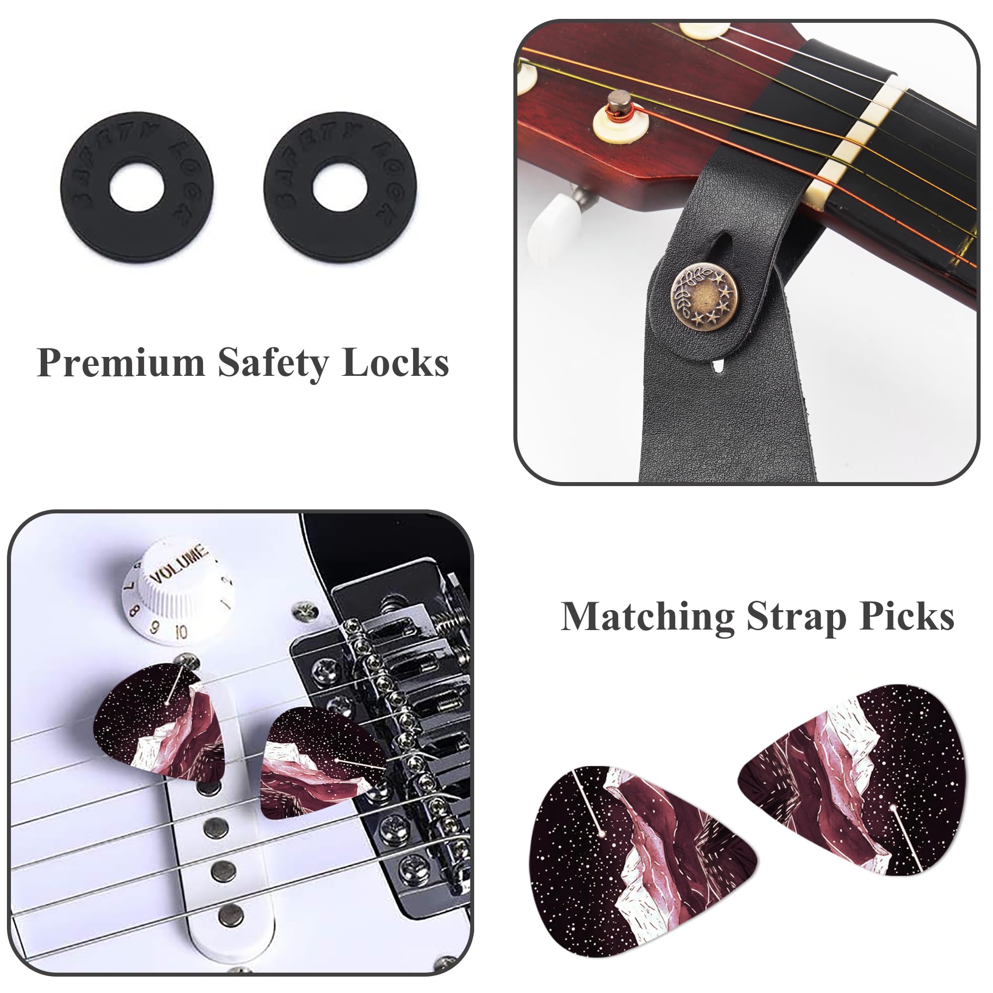 QIELIZI Adjustable Guitar Strap Includes 2 Strap Locks & 2 Matching Picks & 1 Picks Holder & 1 leather Strap Button.Leather ends