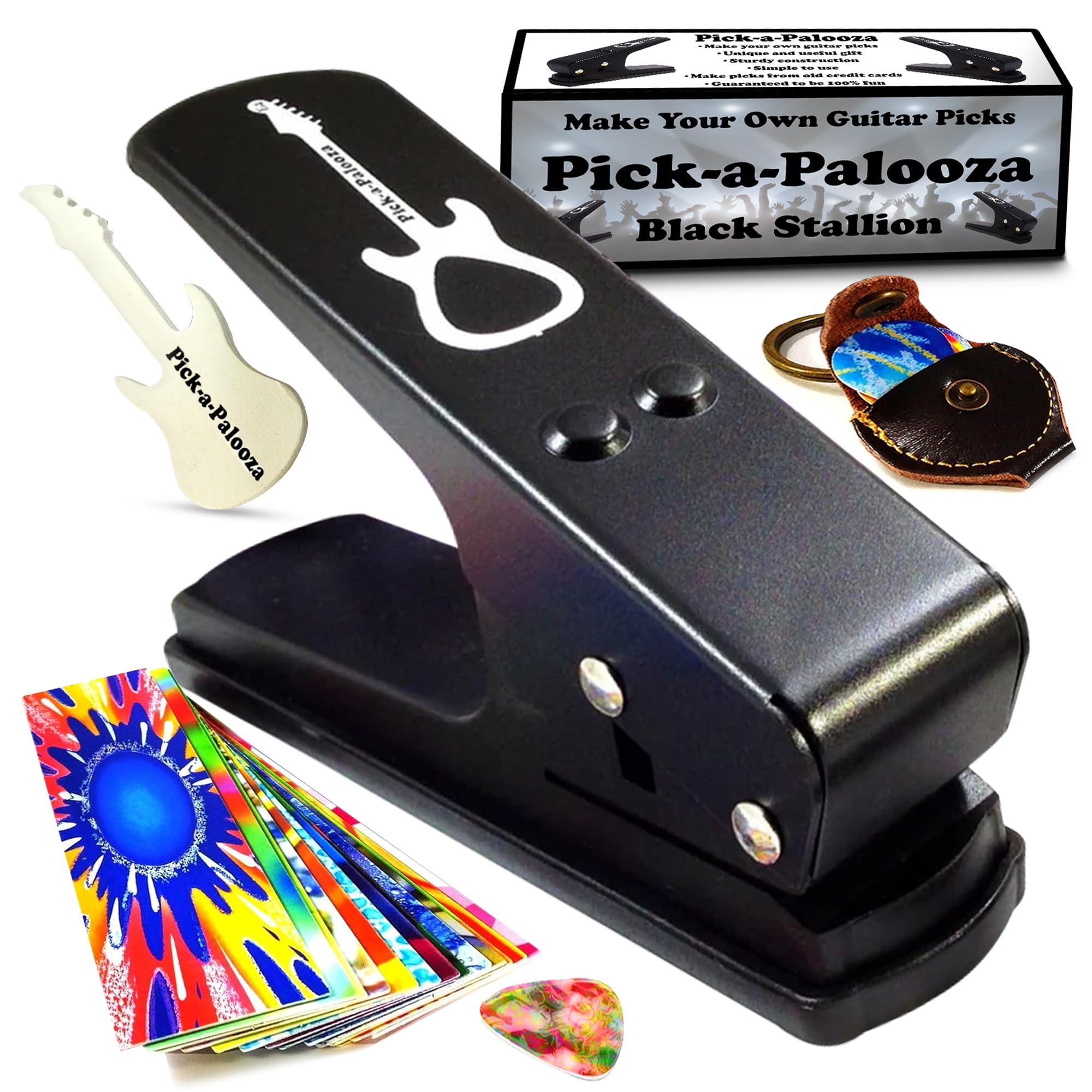 Pick-a-Palooza DIY Guitar Pick Punch with Leather Key Chain Pick Holder, 15 Pick Strips and a Guitar File - Black/Black