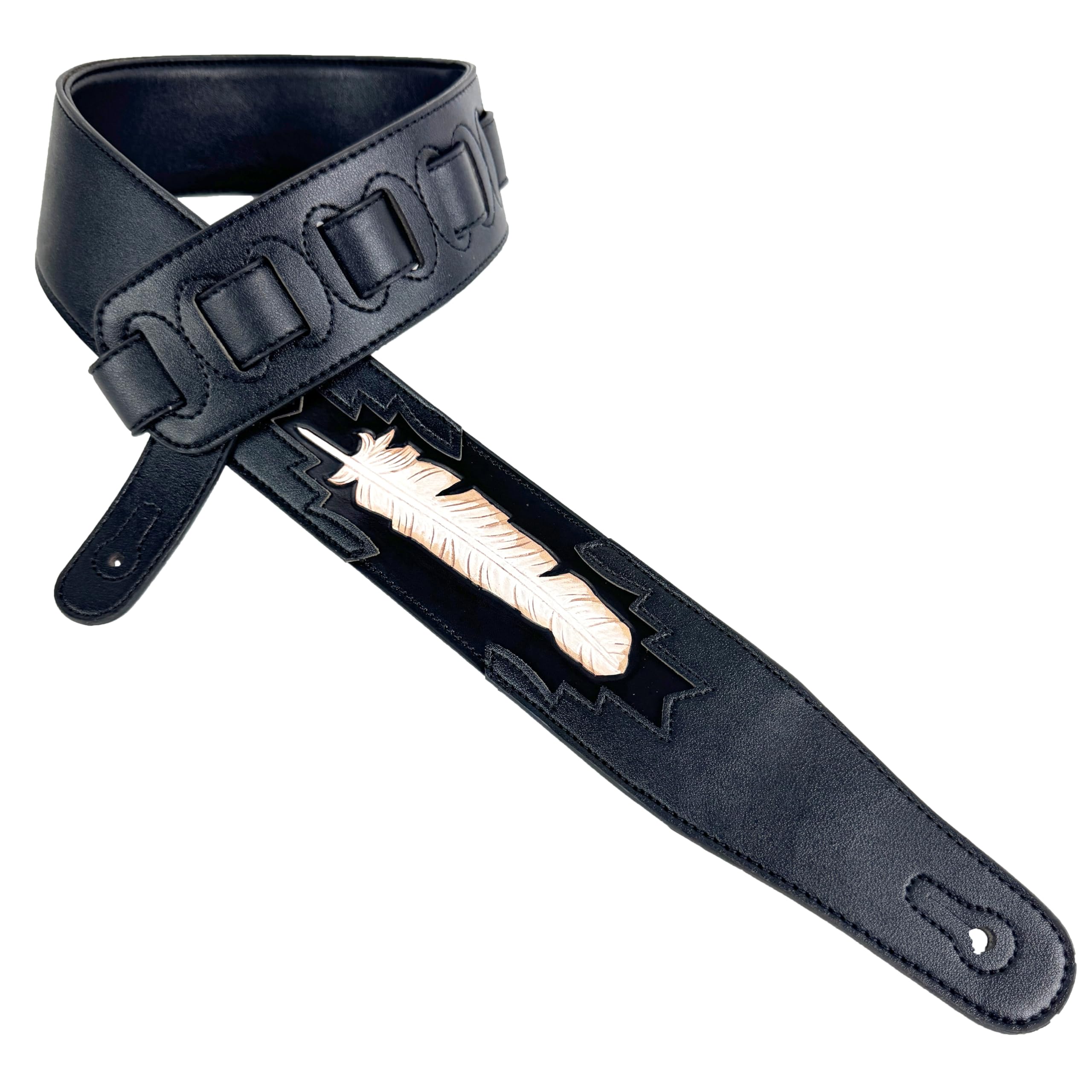 Walker & Williams Cvg-115 Black Leather Padded Guitar Strap Hand Tooled Feather For Acoustic, Electric, And Bass Guitars