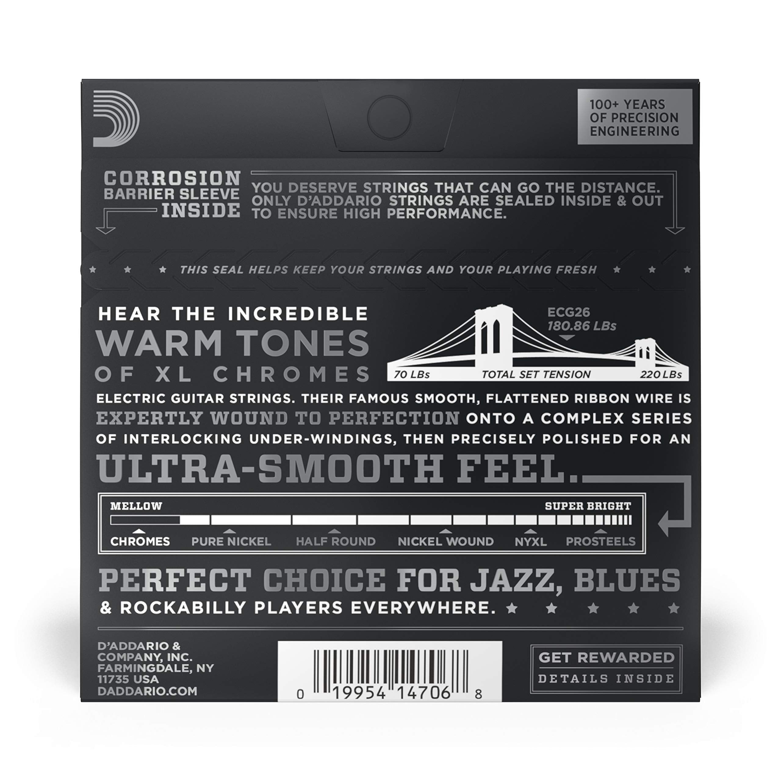 D'Addario Guitar Strings - XL Chromes Electric Guitar Strings - Flat Wound - Polished for Ultra-Smooth Feel and Warm, Mellow Ton