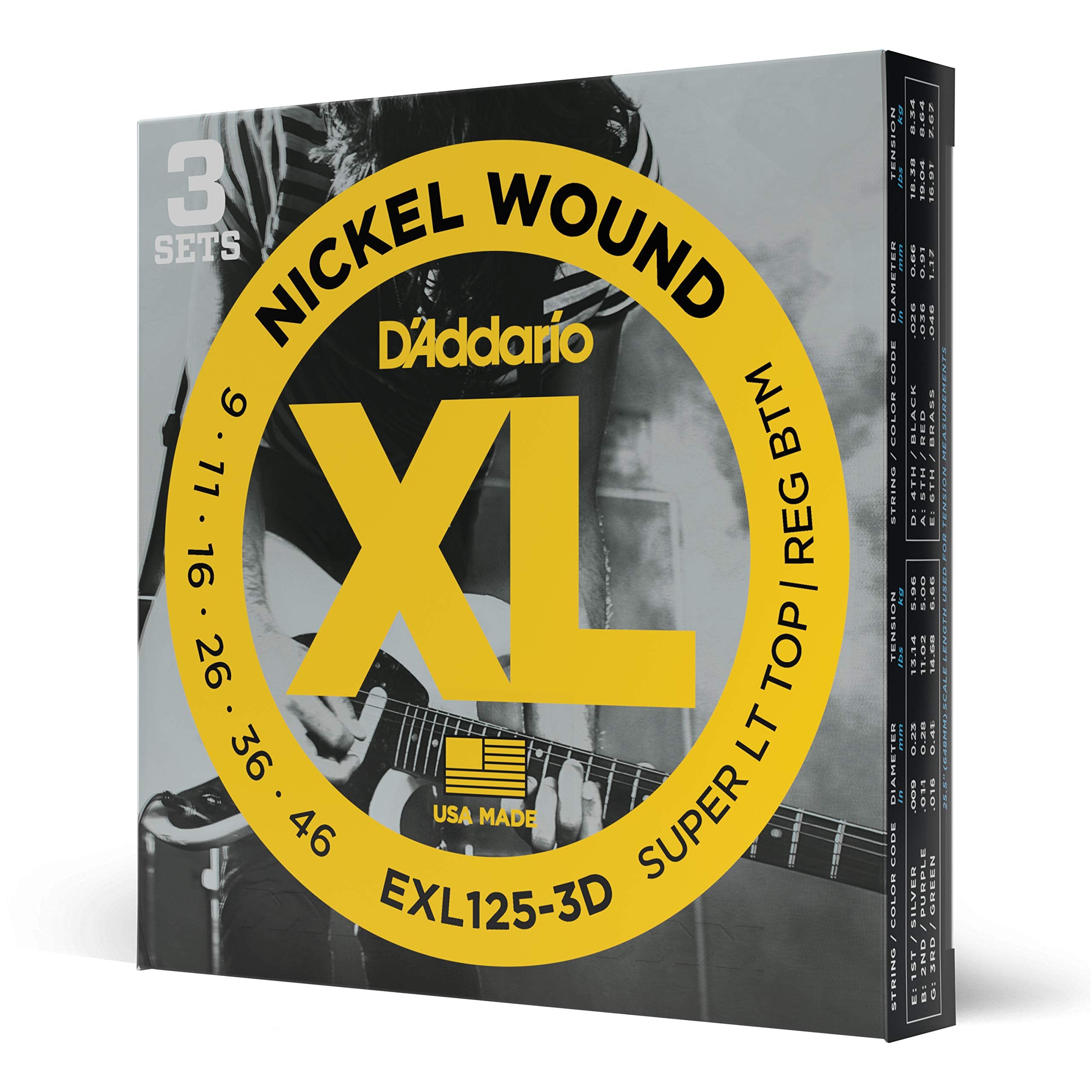 Daddario Exl125-3D Nickel Wound Electric Guitar Strings, Super Light Topregular Bottom, 9-46, 3 Sets