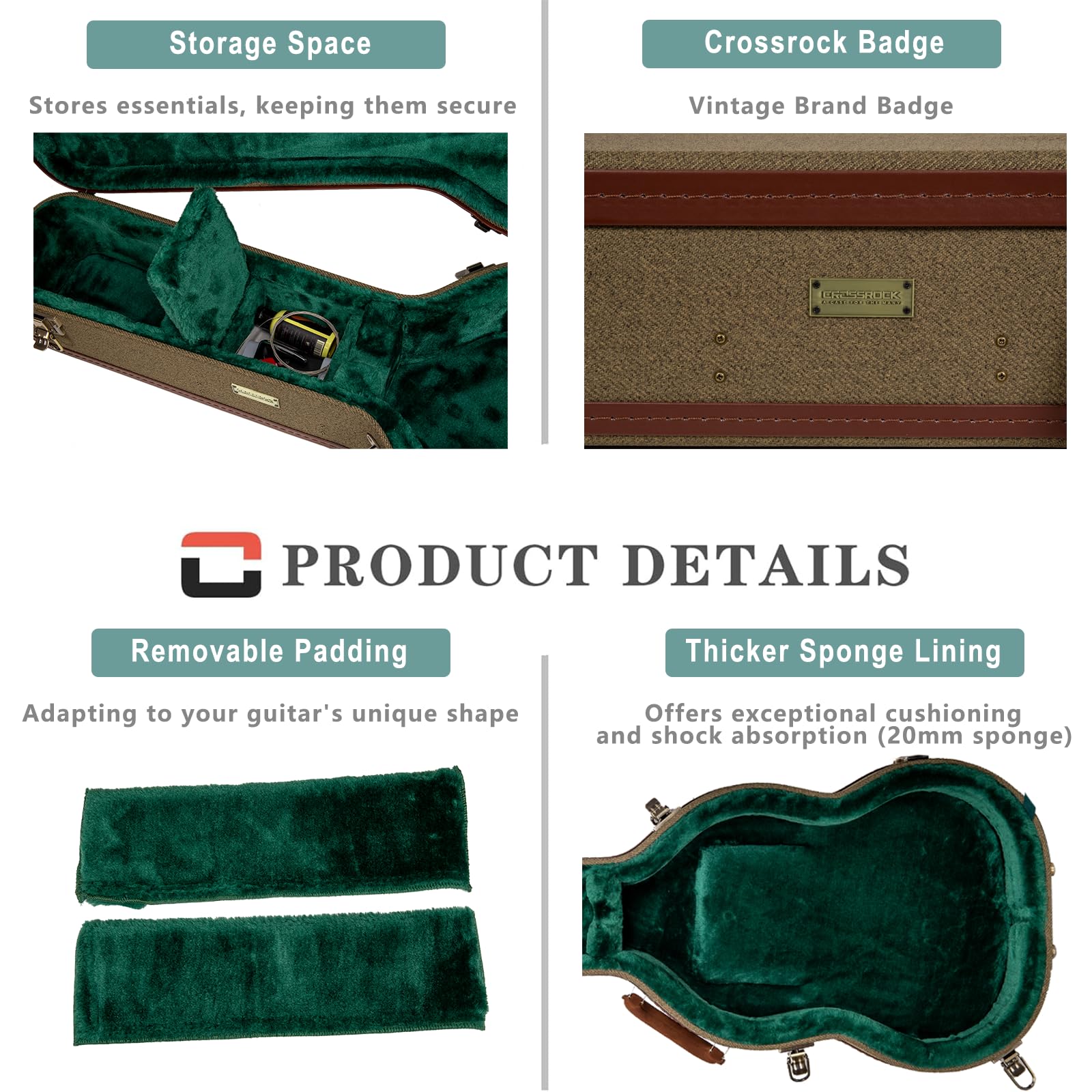 Crossrock Master Series Les Paul Electric Guitar Case | Olive Green Tweed Exterior, Re-Engineered Wooden Shell, Leather Handle &