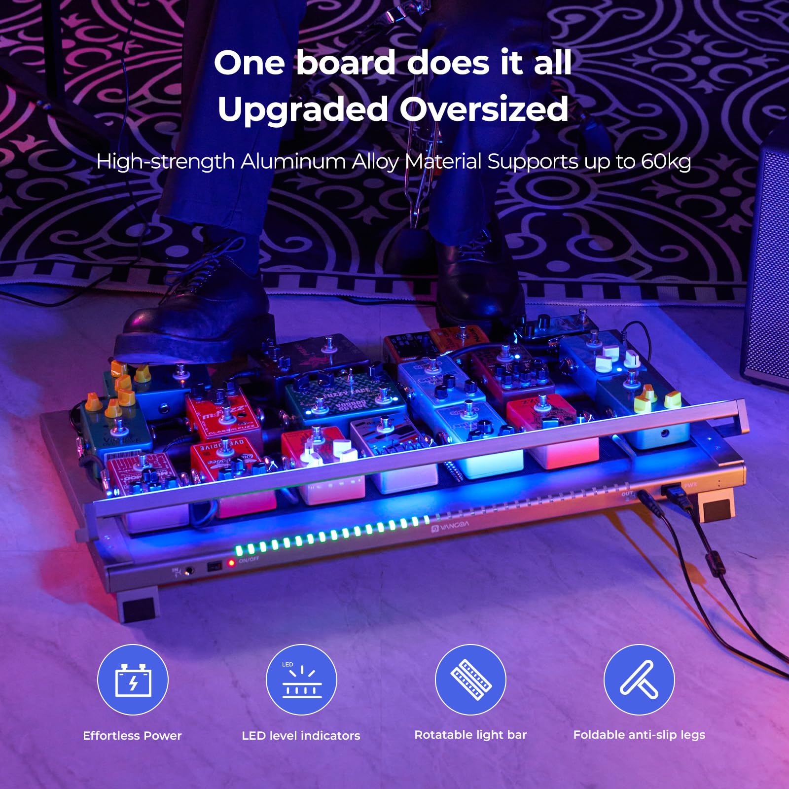 Vangoa Guitar Pedal Board with Built-in Isolated Power Supply, PD-L Aluminum Alloy Folding Powered Guitar Pedalboard with Adjust