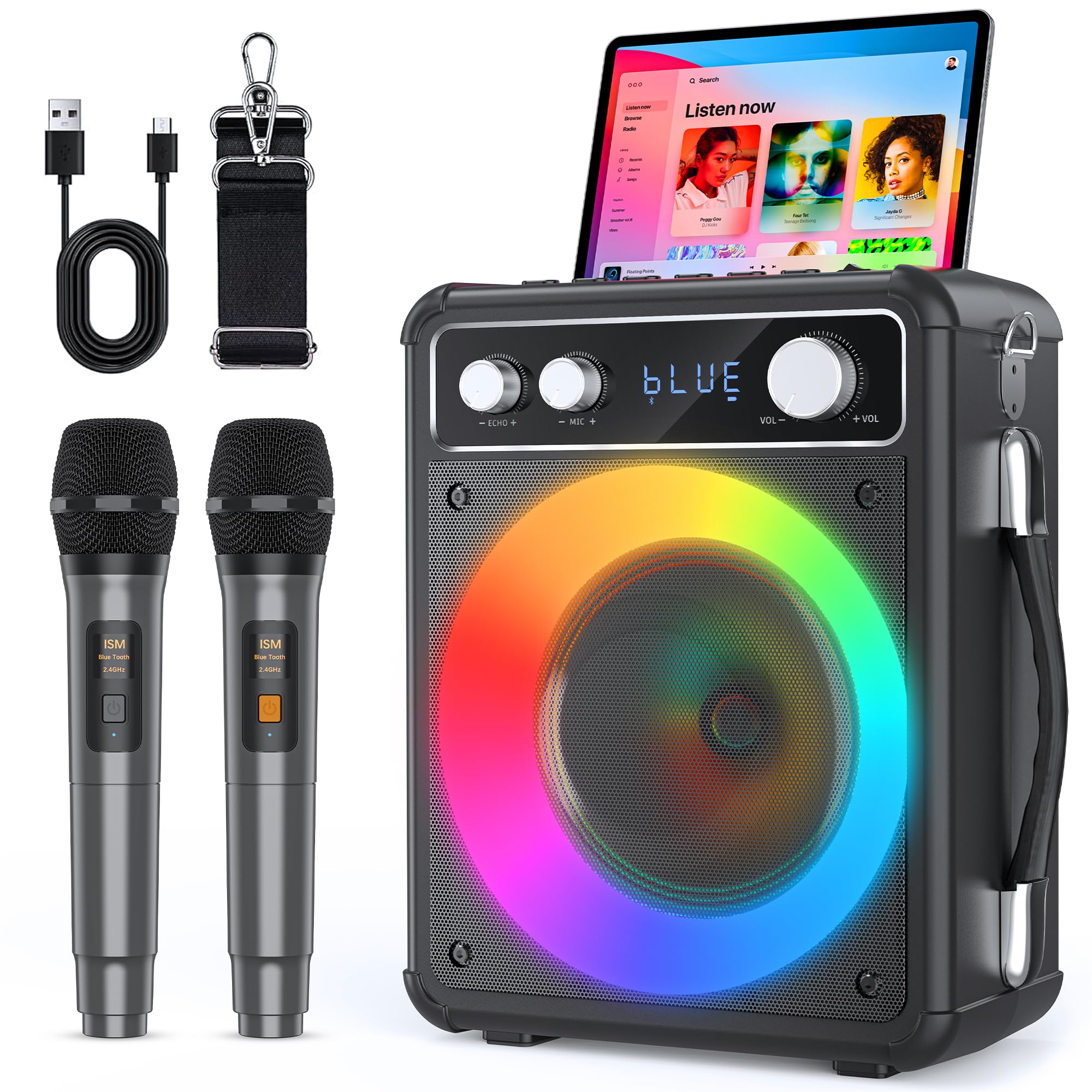 Karaoke Machine, Portable Bluetooth Karaoke Speaker With 2 Wireless Microphones, Pa System For Adults Kids With Led Lights & Ech