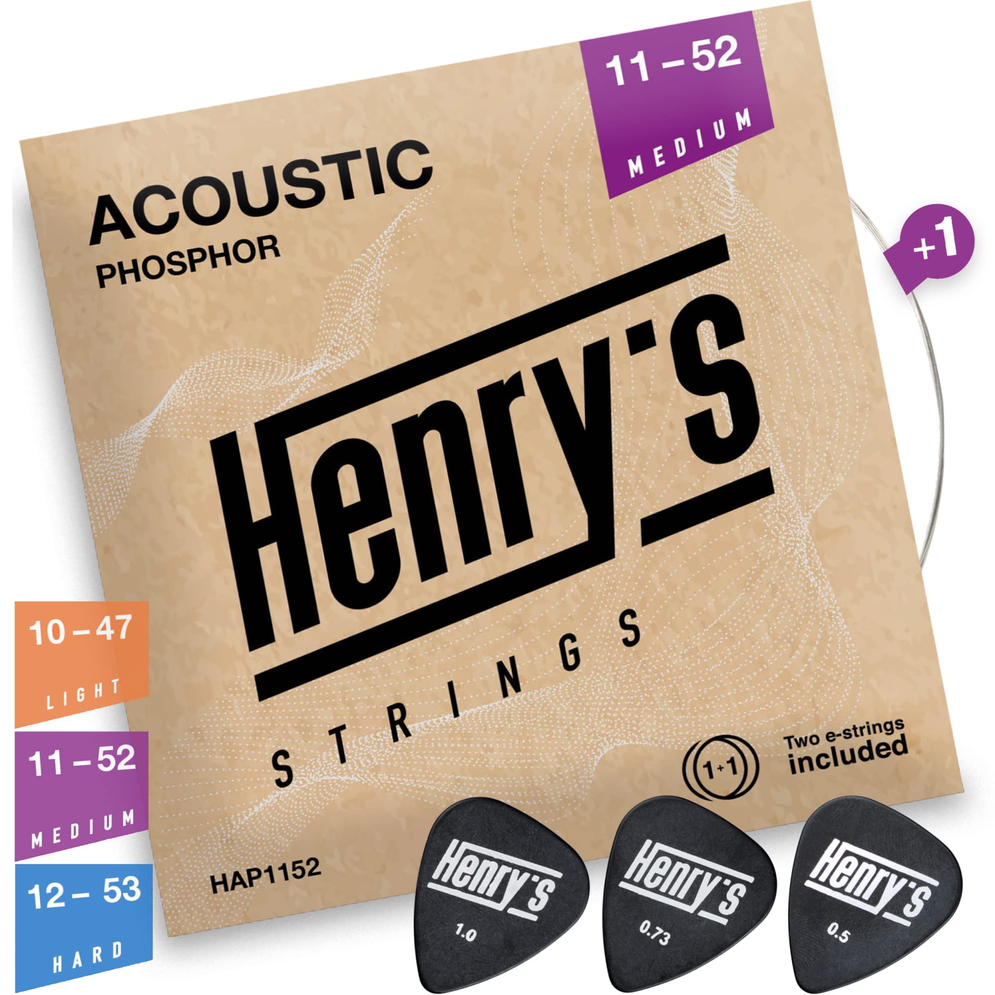 Medium Acoustic Guitar Strings Medium 11-52 - Extra E1 String & 3 Guitar Picks Bonus - Phosphor Bronze Acoustic Guitar Strings -