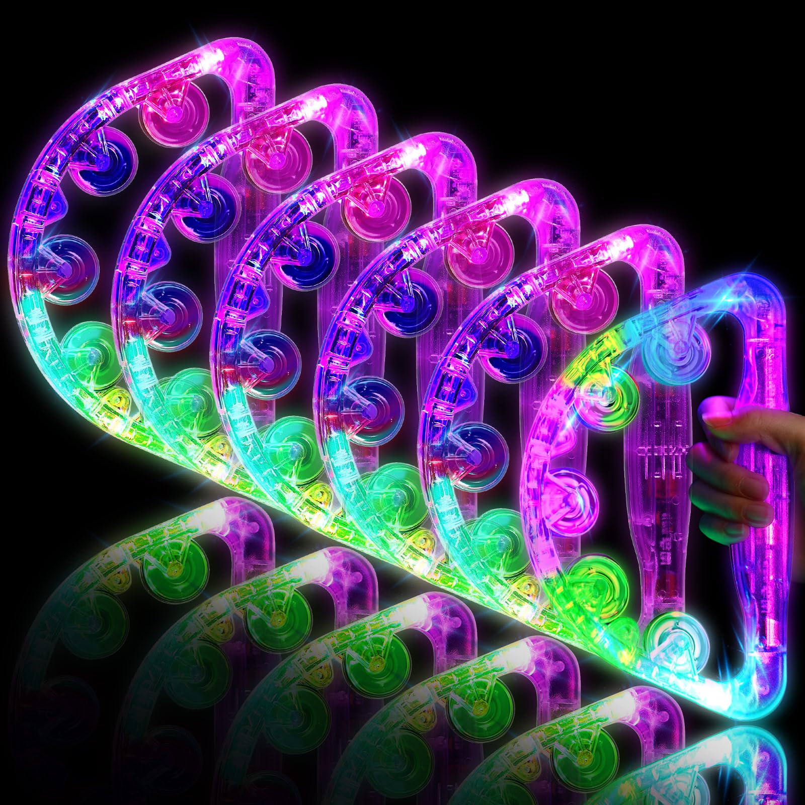 Sumind 6 Pieces LED Tambourine Light up 8.6 x 5.3 inch Tambourine Musical Flashing Tambourine Handheld Glow Tambourine Percussio