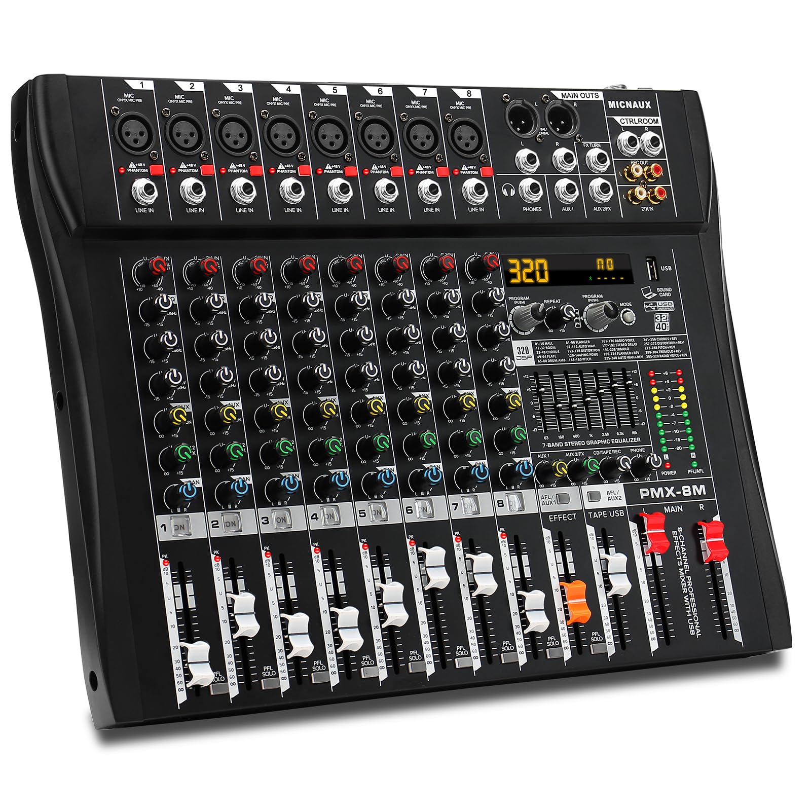 Micnaux Audio Mixer 8 Channel Professional Mixer Console With 320 Dsp Effects, 7-Band Eq Sound Mixing Board Digital Dj Mixer W/U