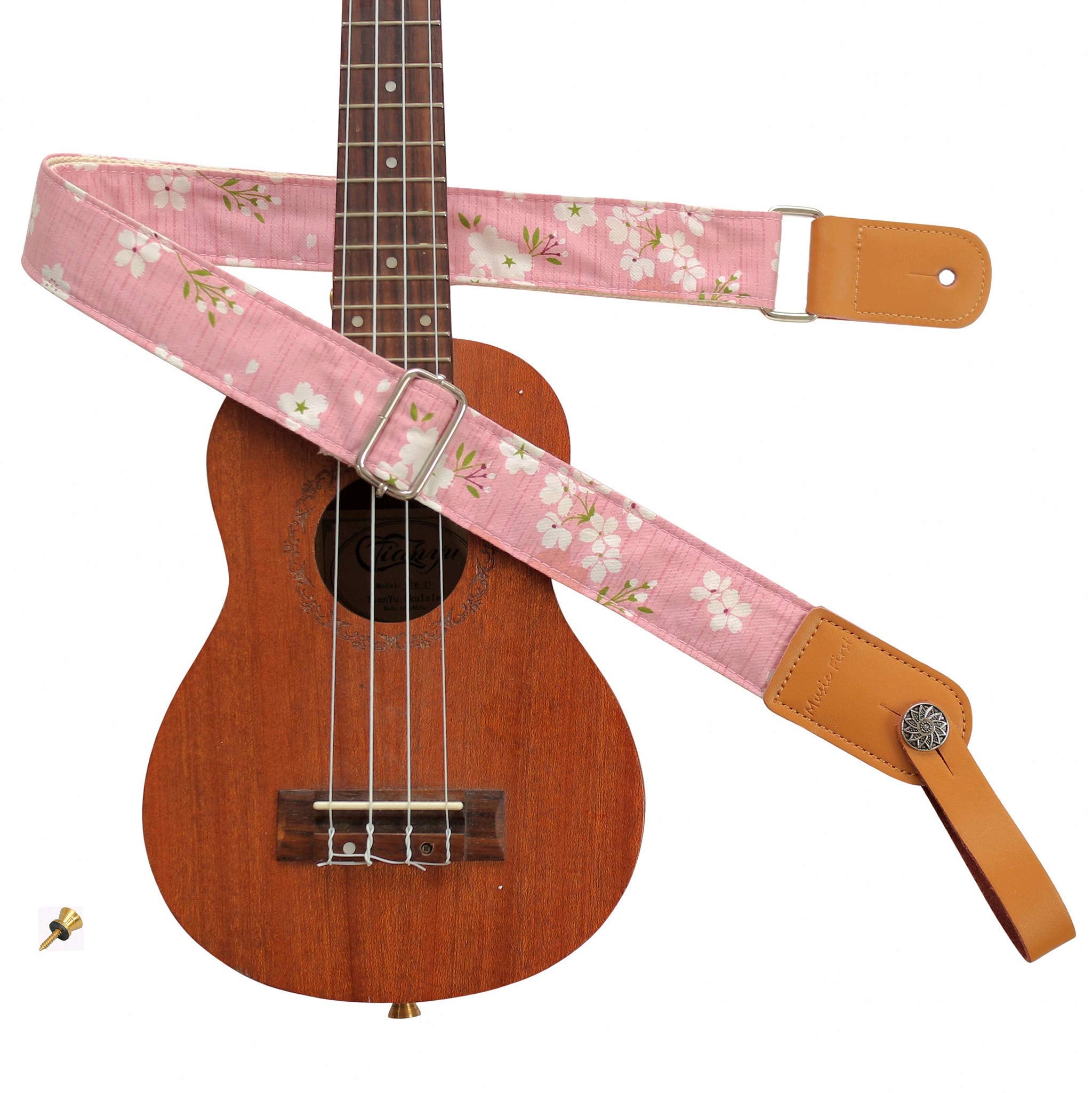 MUSIC FIRST Original Design Vintage Pink Sakura    Soft Muslin & Genuine Leather Ukulele Strap Ukulele Shoulder Strap With a MUS