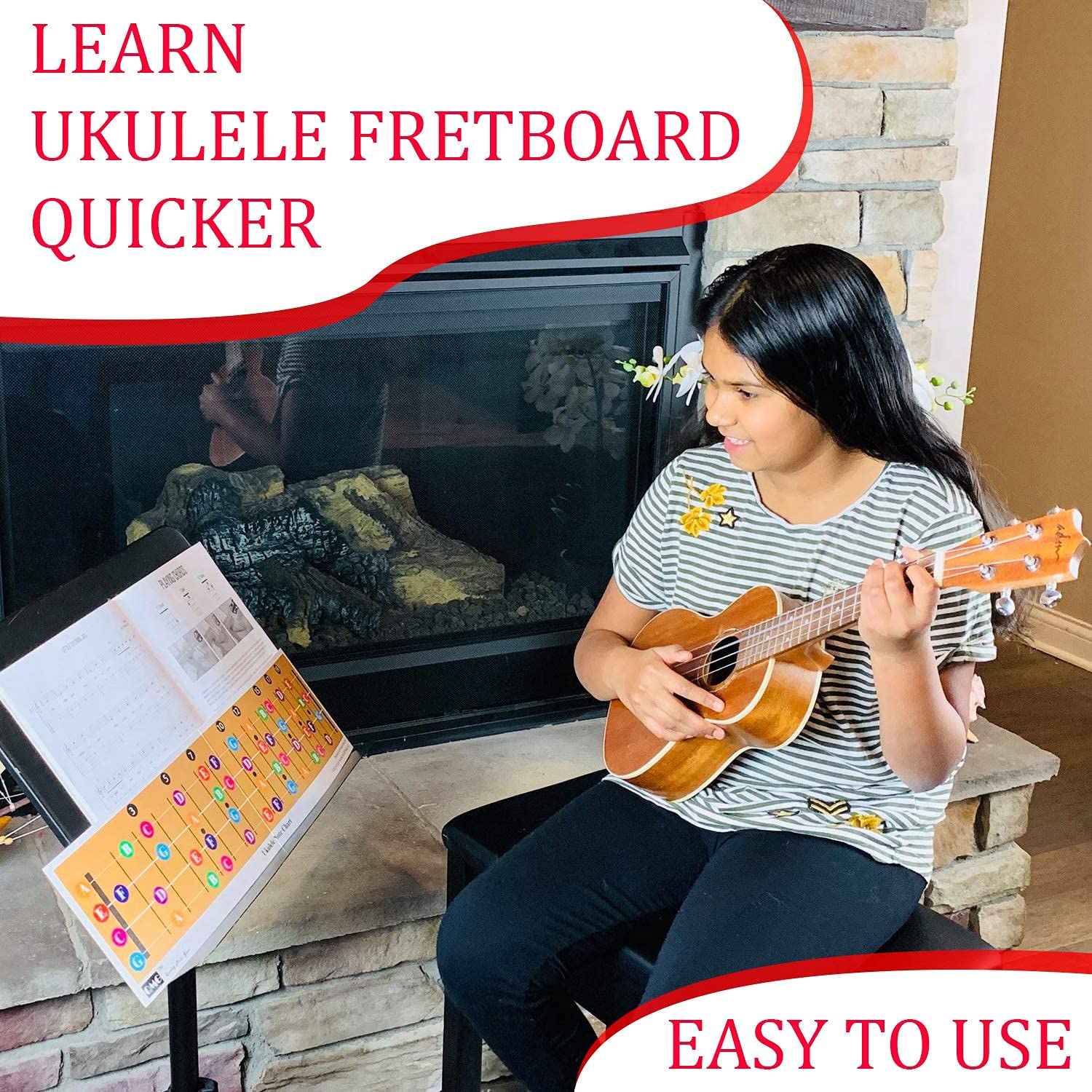 QMG Color Coded Ukulele Guitar Fretboard Note Chart Learn to Play Guitar and Music Theory, Suitable for all Levels, Made in USA