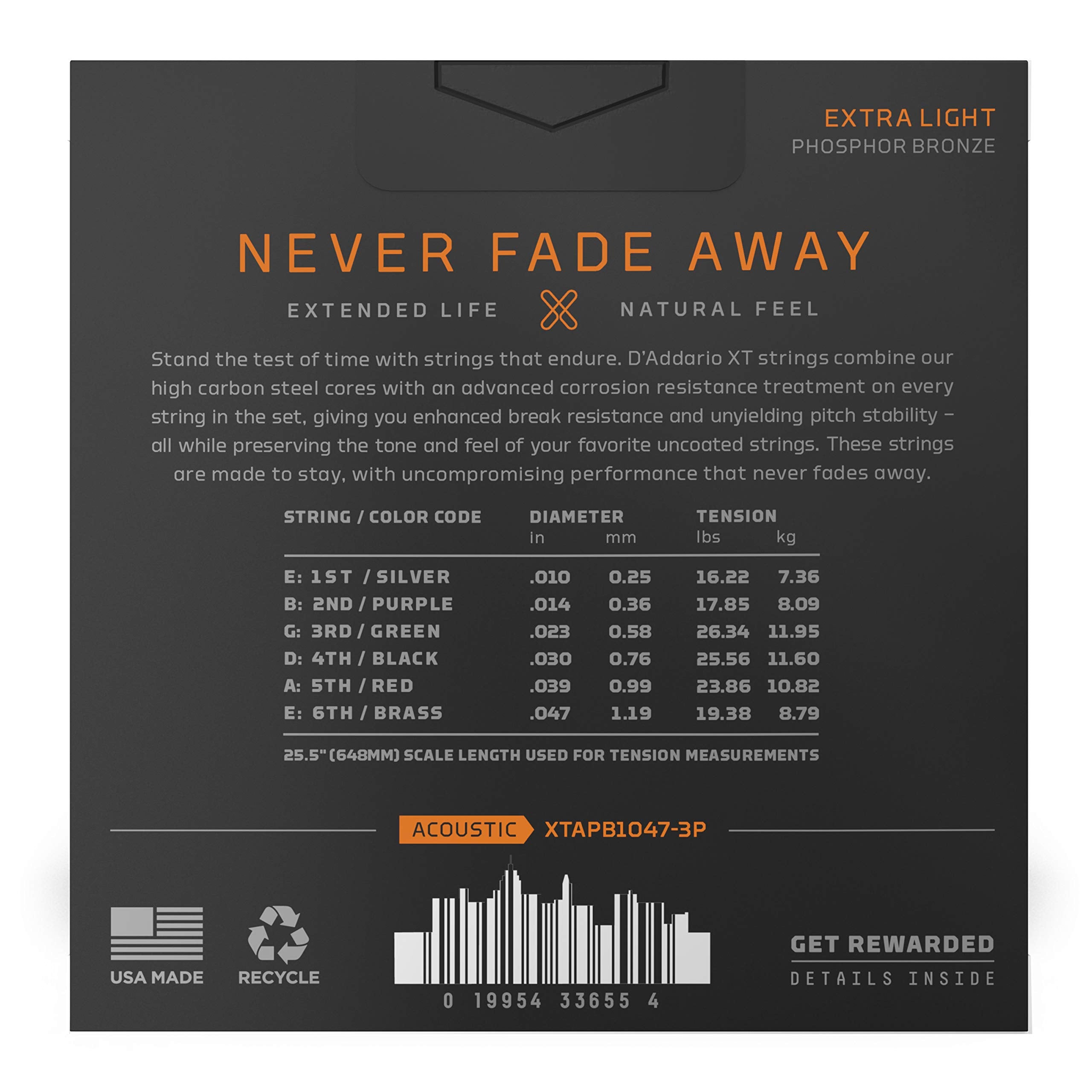 D'Addario Guitar Strings - XT Phosphor Bronze Coated Acoustic Guitar Strings - XTAPB1047-3P - Extended String Life with Natural