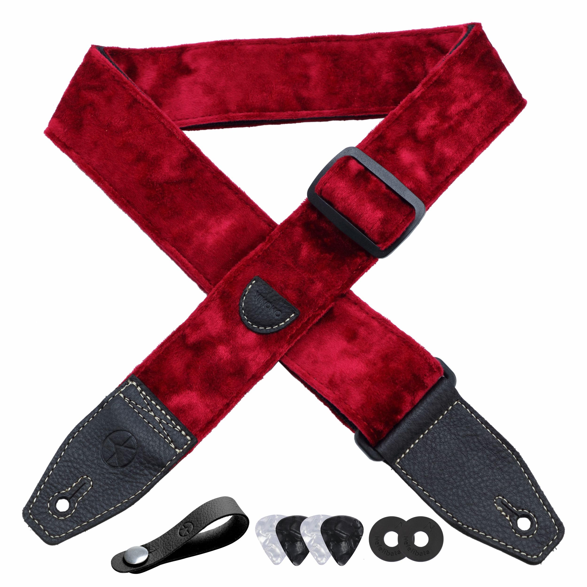 Yikoko Guitar Strap 2 Inch Velvet Guitar Straps With Full Grain Leather End, For Bass Electric And Acoustic Guitars, Free Strap