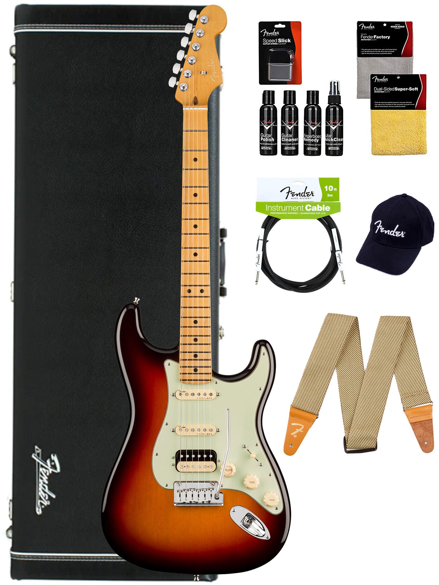 Fender American Ultra Stratocaster Hss, Maple - Ultraburst Bundle With Case, Hat, Strap, Cable, And Guitar Cleaning Kit
