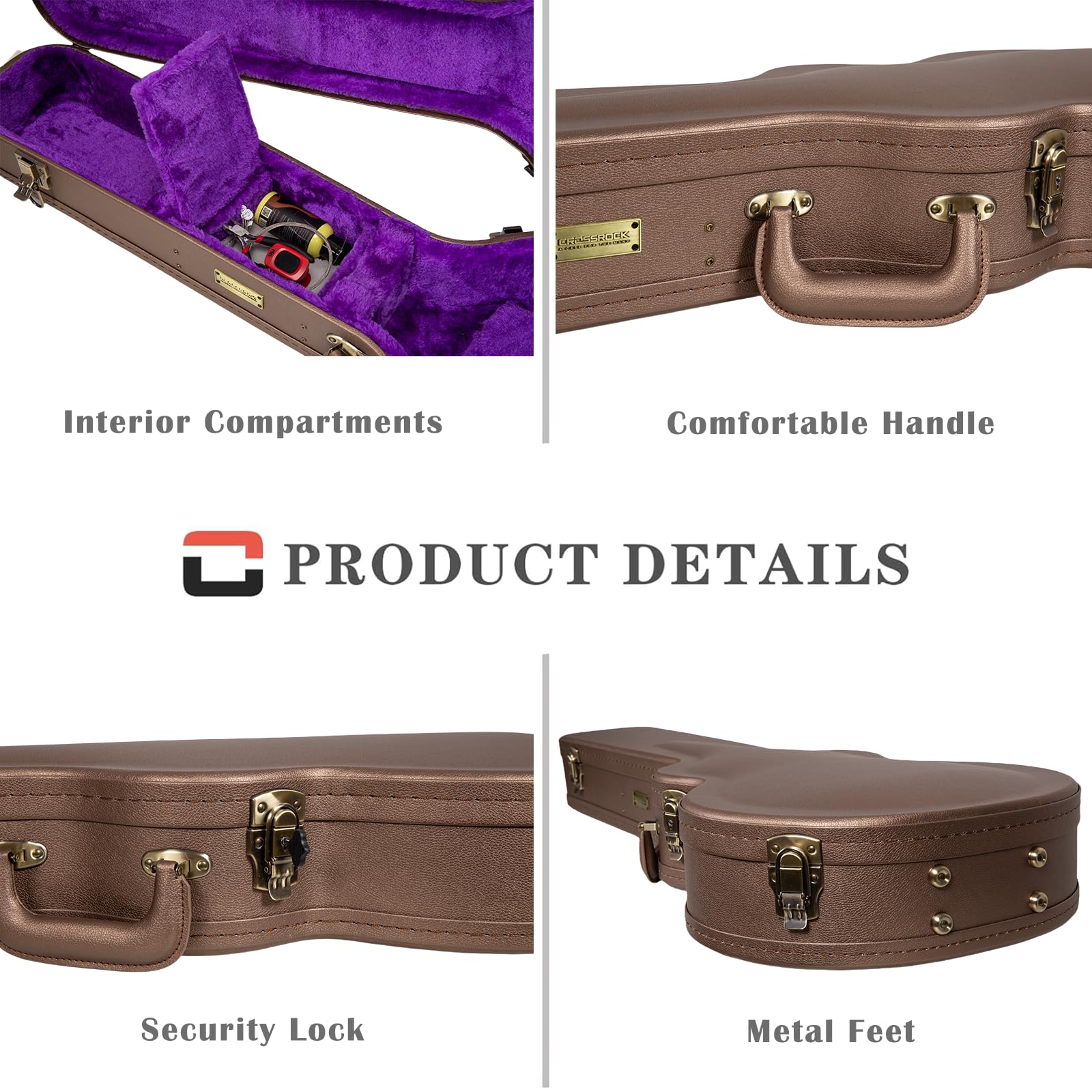 Crossrock Wooden Electric Guitar Case for Les Paul Style | Chocolate Brown Finish, Purple Velvet Interior, Lock - Designer Serie