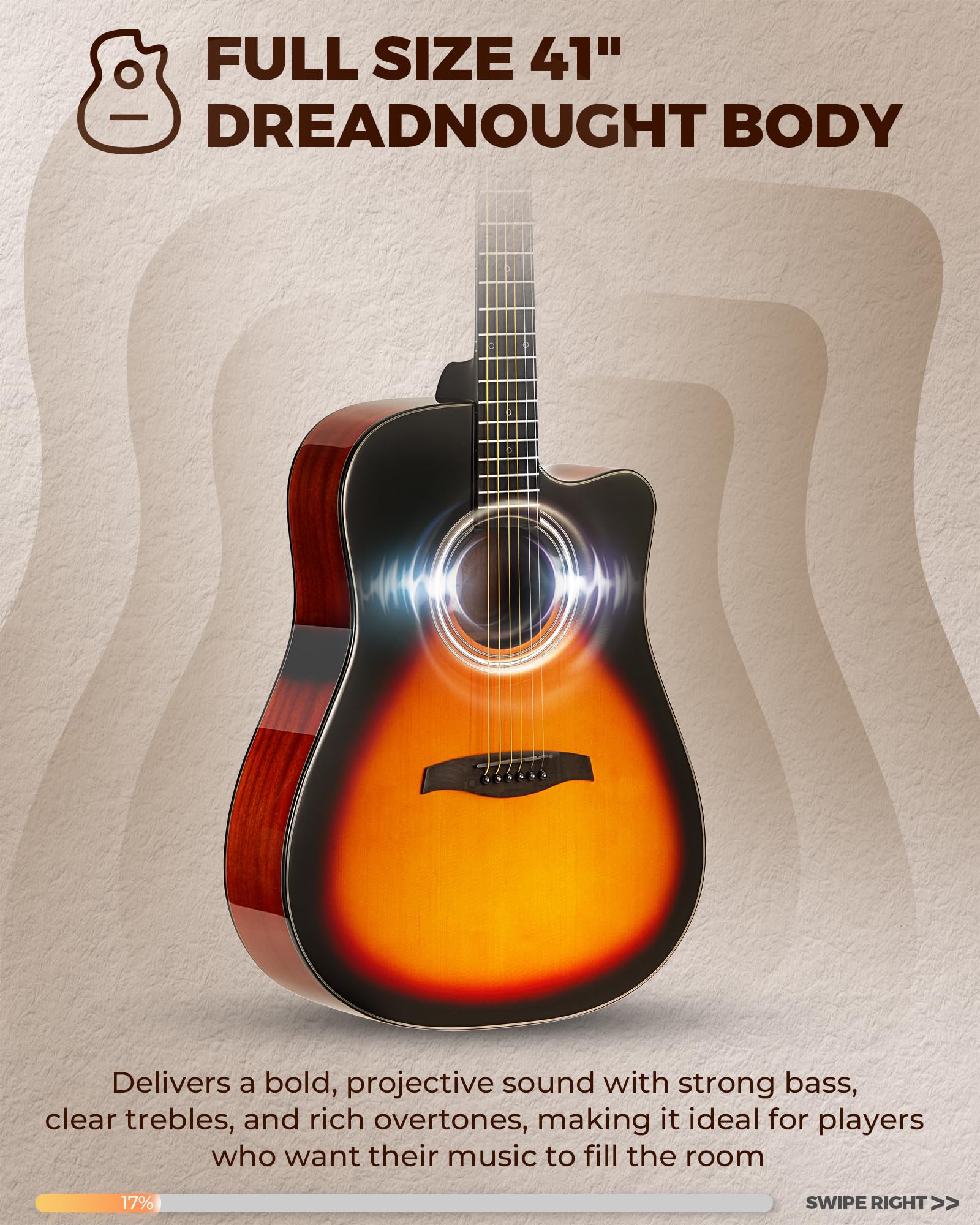 Fesley X Acoustic Guitar Kit, 41 Inch Full Size 6 String Cutaway Guitarra Ac  stica for Beginner Adults with Tuner, Gig Bag, Str