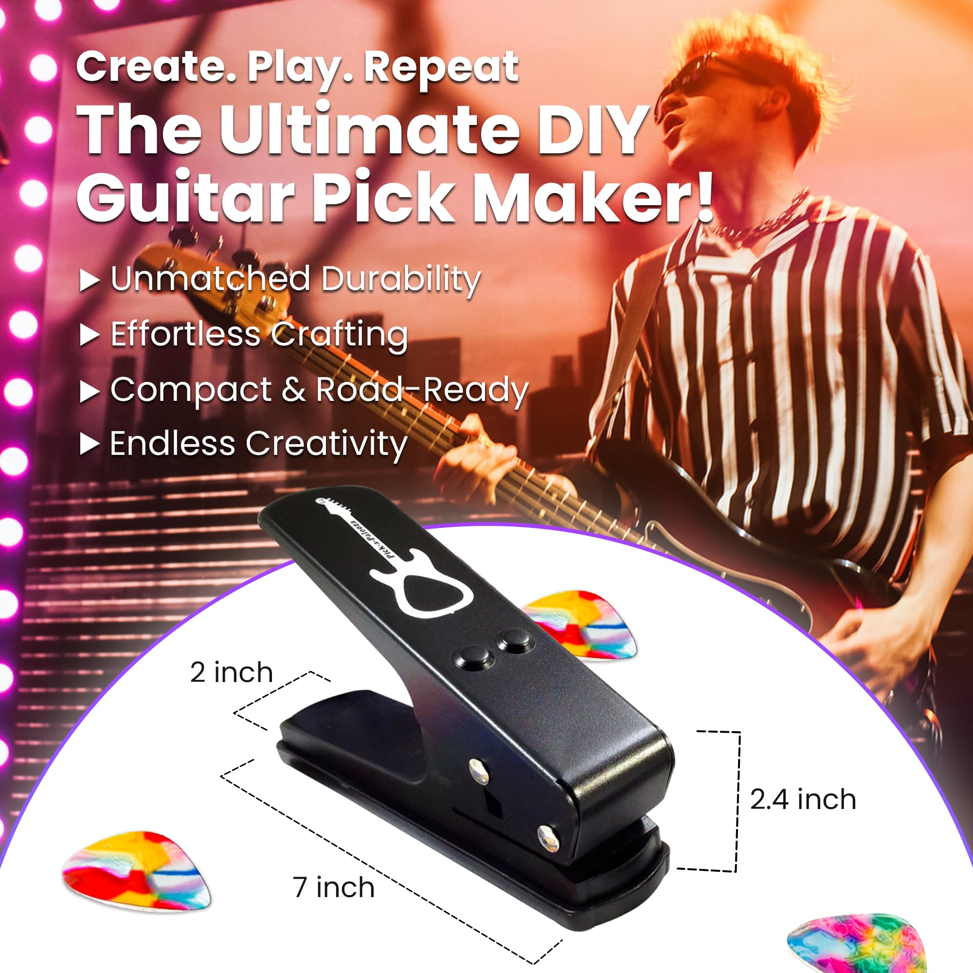 Pick-a-Palooza DIY Guitar Pick Punch with Leather Key Chain Pick Holder, 15 Pick Strips and a Guitar File - Black/Black