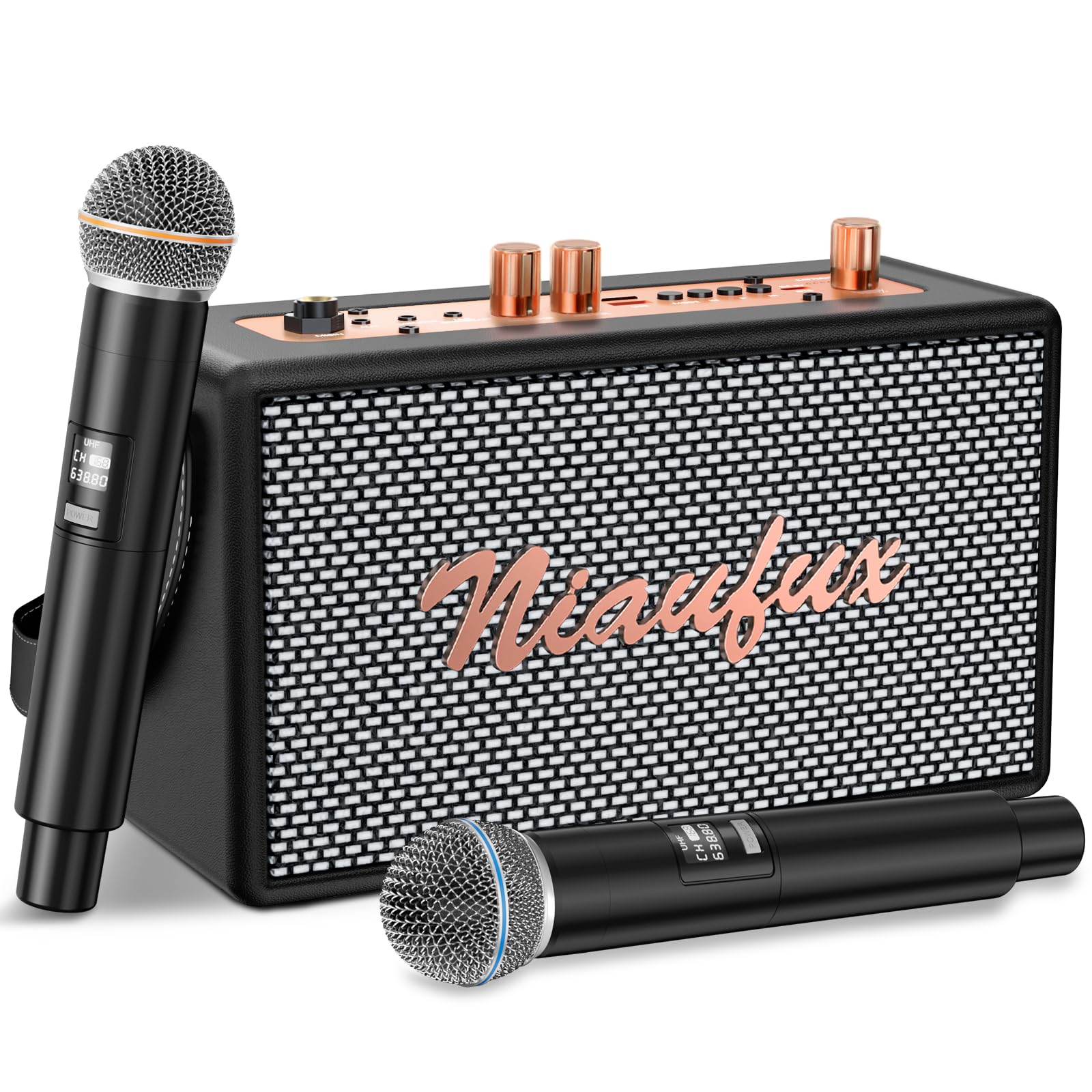 Karaoke Machine, Retro-Design Speaker with 2 Wireless Microphones for Adults & Kids, Portable Karaoke System for Home Party, Blu